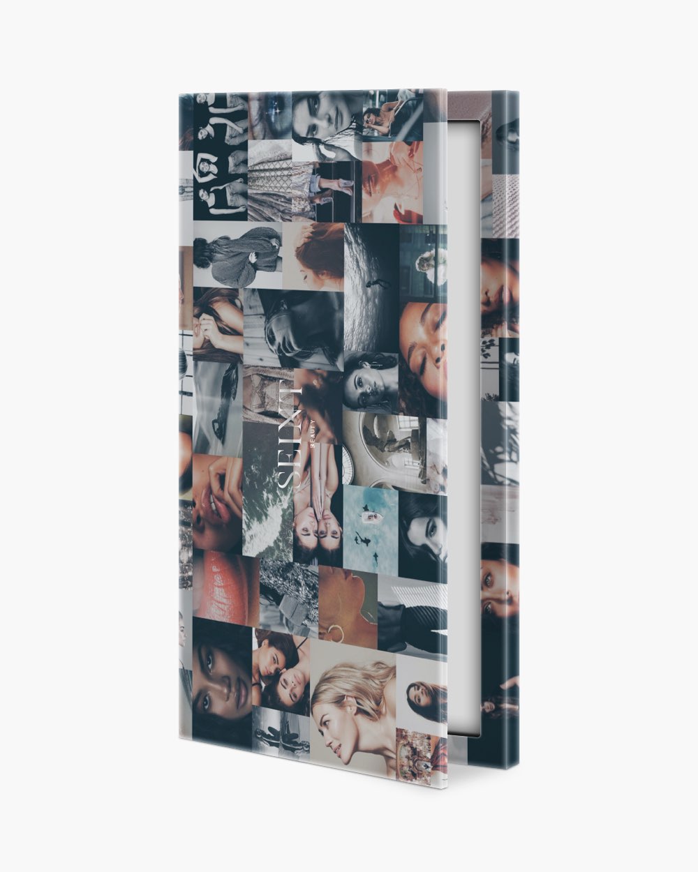 Seint Cream Corrector Palette 18 with collage-print cover, the tall slim case shown upright and slightly open