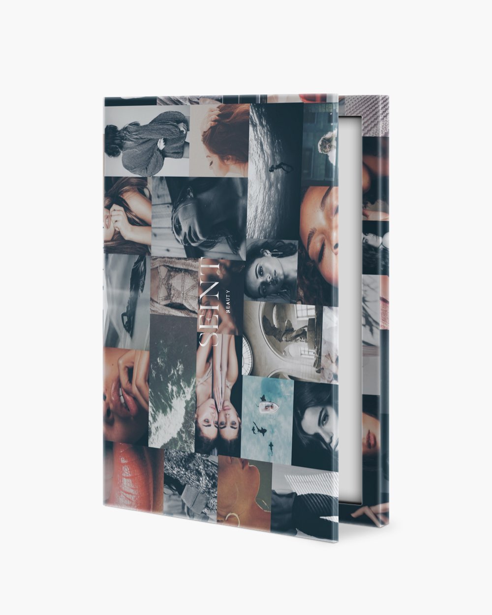 Seint Cream Corrector Palette 20 with a photo collage cover, propped upright and slightly ajar to reveal its mirror