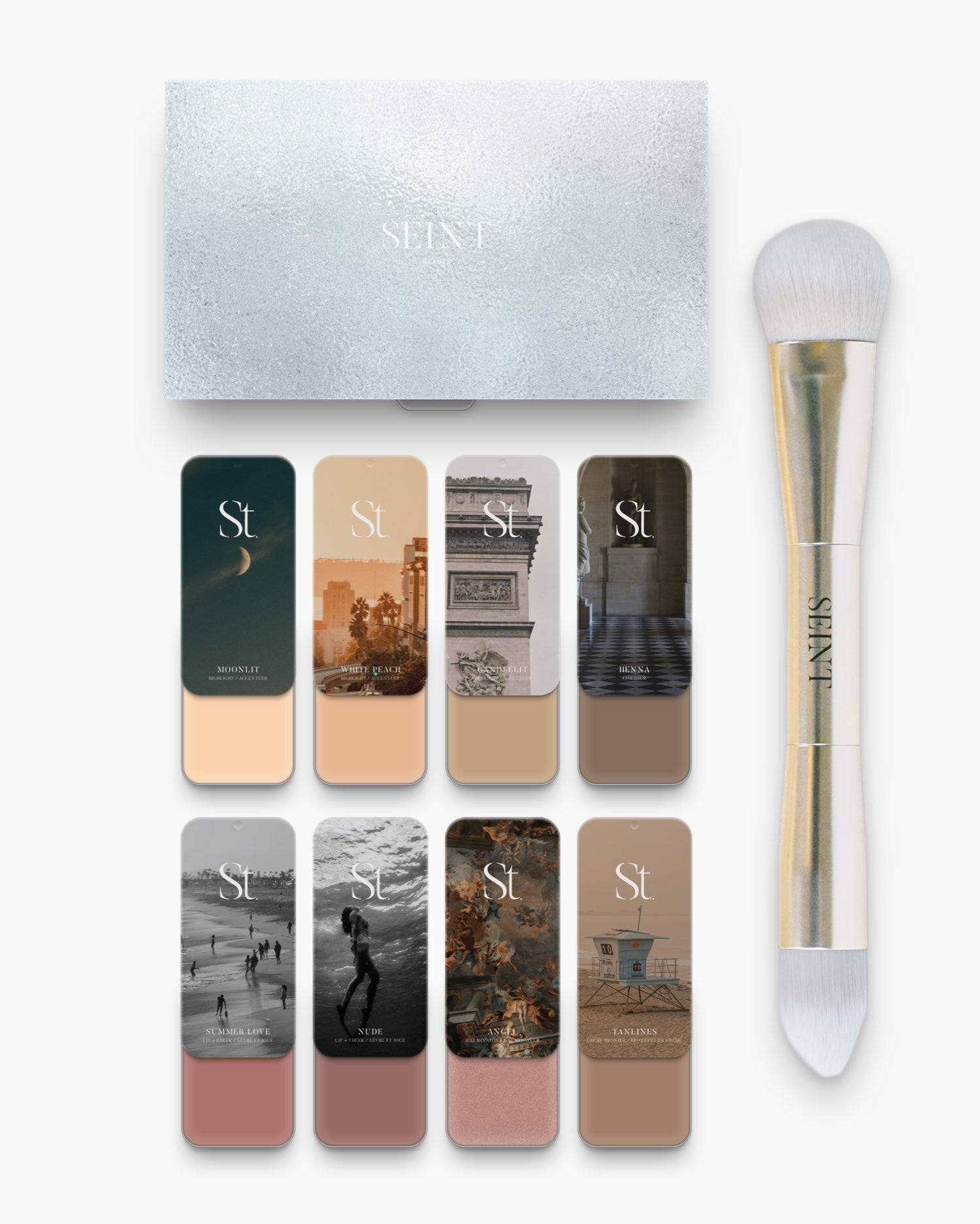 Seint No. 8 Collection Level I set with gold brush: fair ivory and peach creams, soft taupe contour, dusty rose blushes