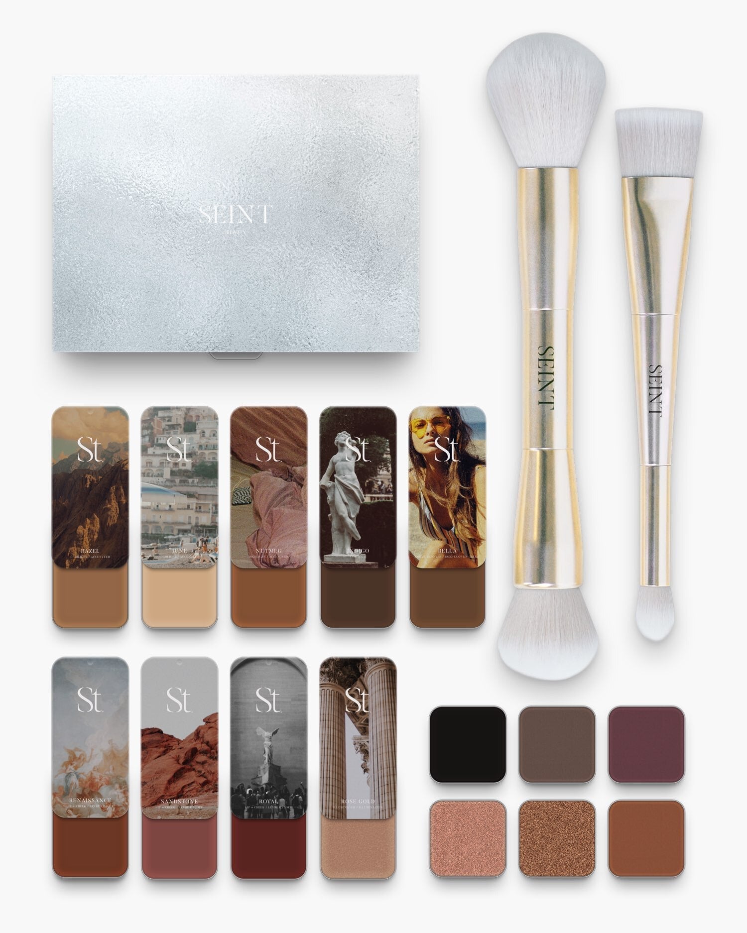 Seint No. 12 Collection Level VII: caramel and brown creams with brick red blushes, rose gold shimmer, box and gold brushes
