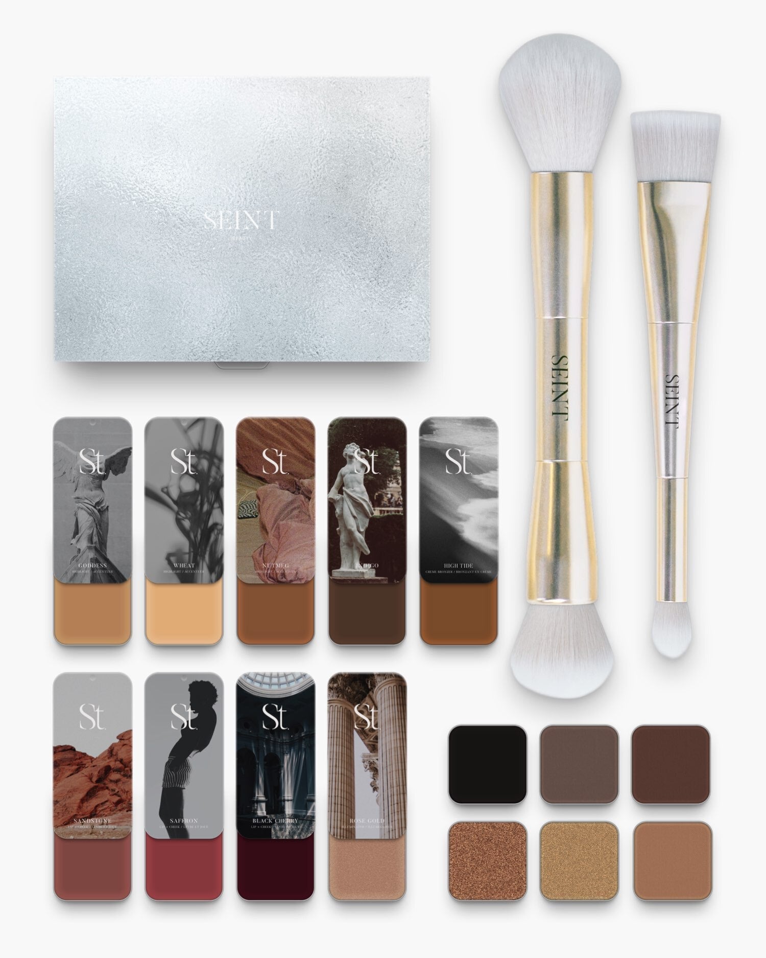 Seint No. 12 Collection Level VIII — deep tan and brown cream tins, berry and black cherry blushes, brushes and six shadows