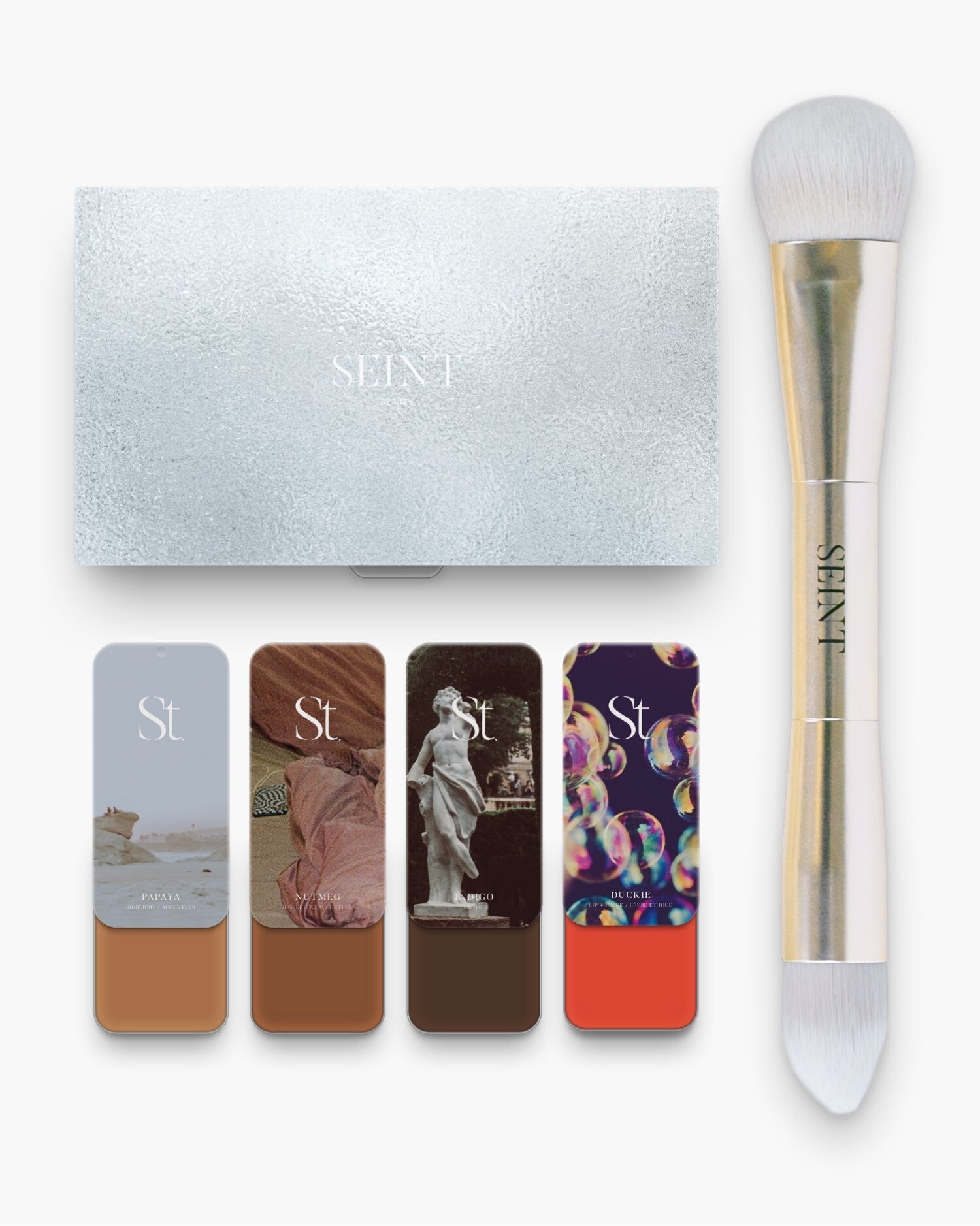 Seint No. 4 Collection Level IX: Papaya, Nutmeg, Indigo and vivid orange-red Duckie tins with palette and brush