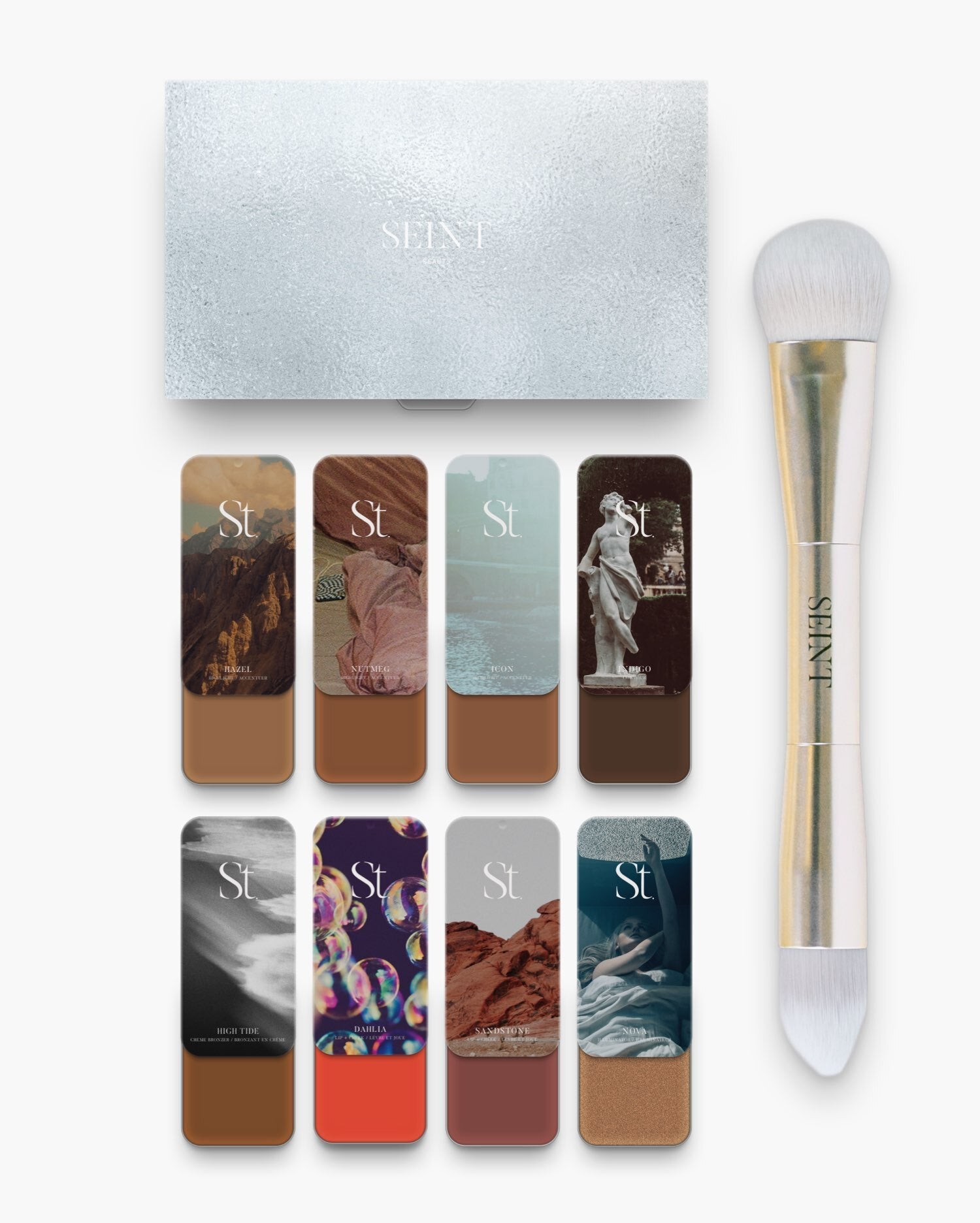 Seint No. 8 Collection Level IX with deep tan creams, vivid red-orange Dahlia lip + cheek, and gold double-ended brush