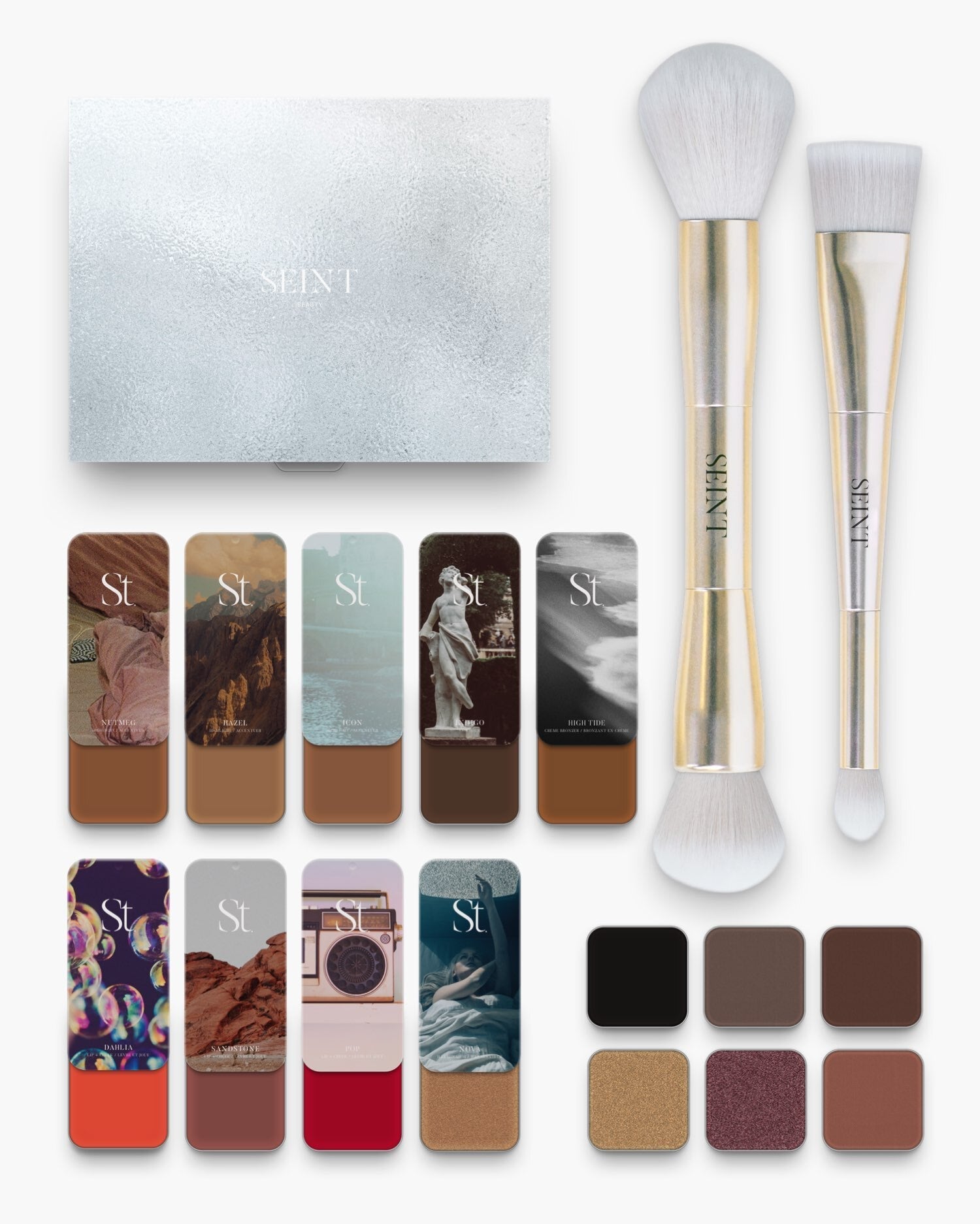 Seint No. 12 Collection Level IX: rich brown creams, orange-red and true red blush tins, silver box, brushes, gold shadows