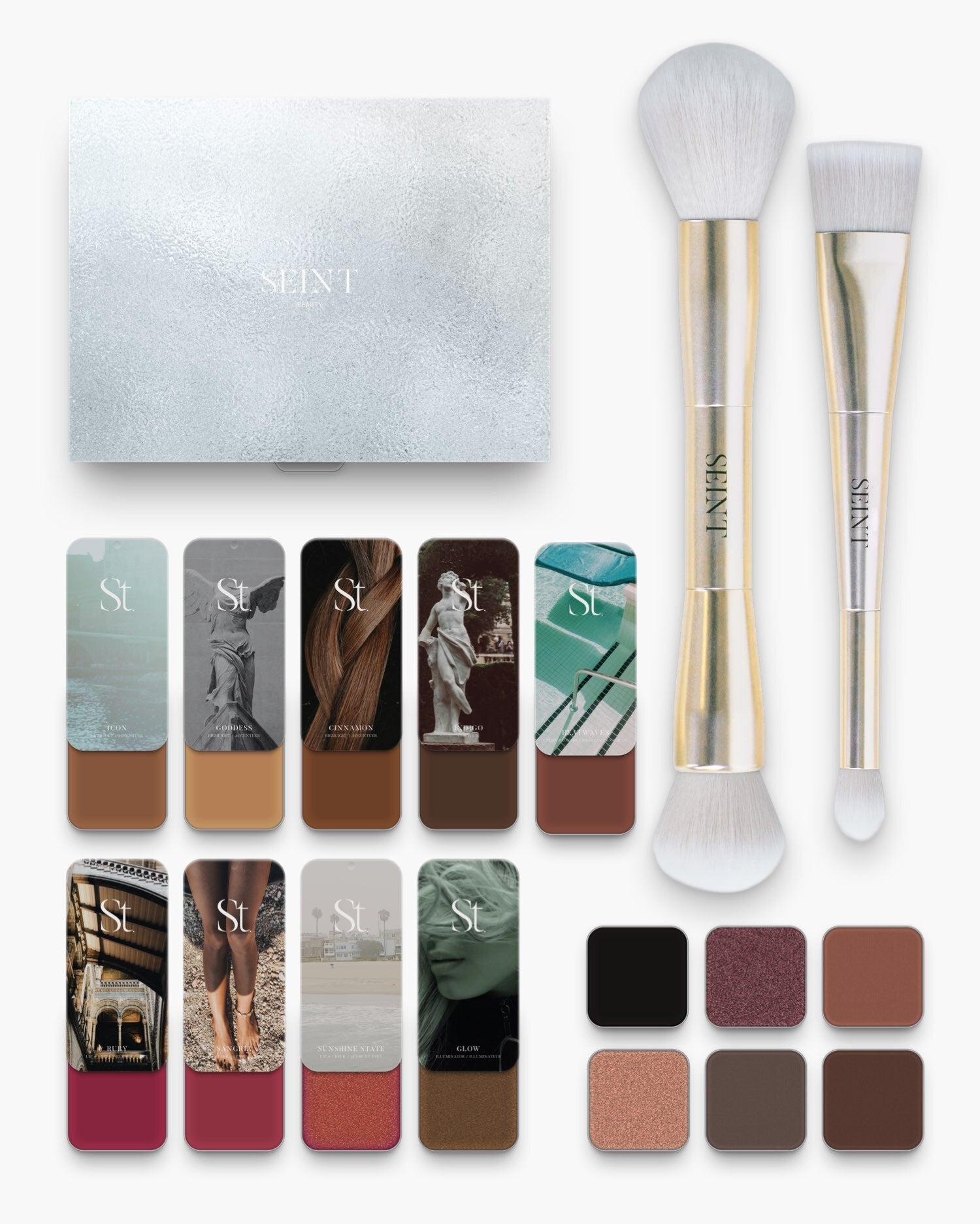 Seint No. 12 Collection Level X with deep brown creams, magenta and berry blushes, coral shimmer, gold brushes and shadows