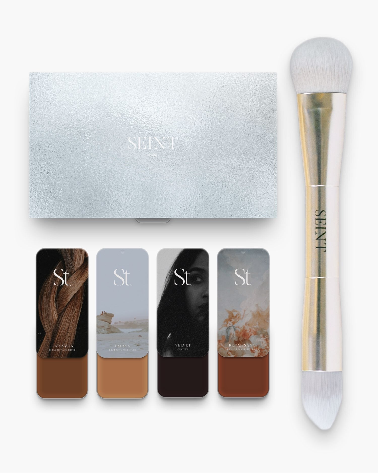 Seint No. 4 Collection Level XI: Cinnamon, Papaya, Velvet and rust-toned Renaissance creams with palette and brush