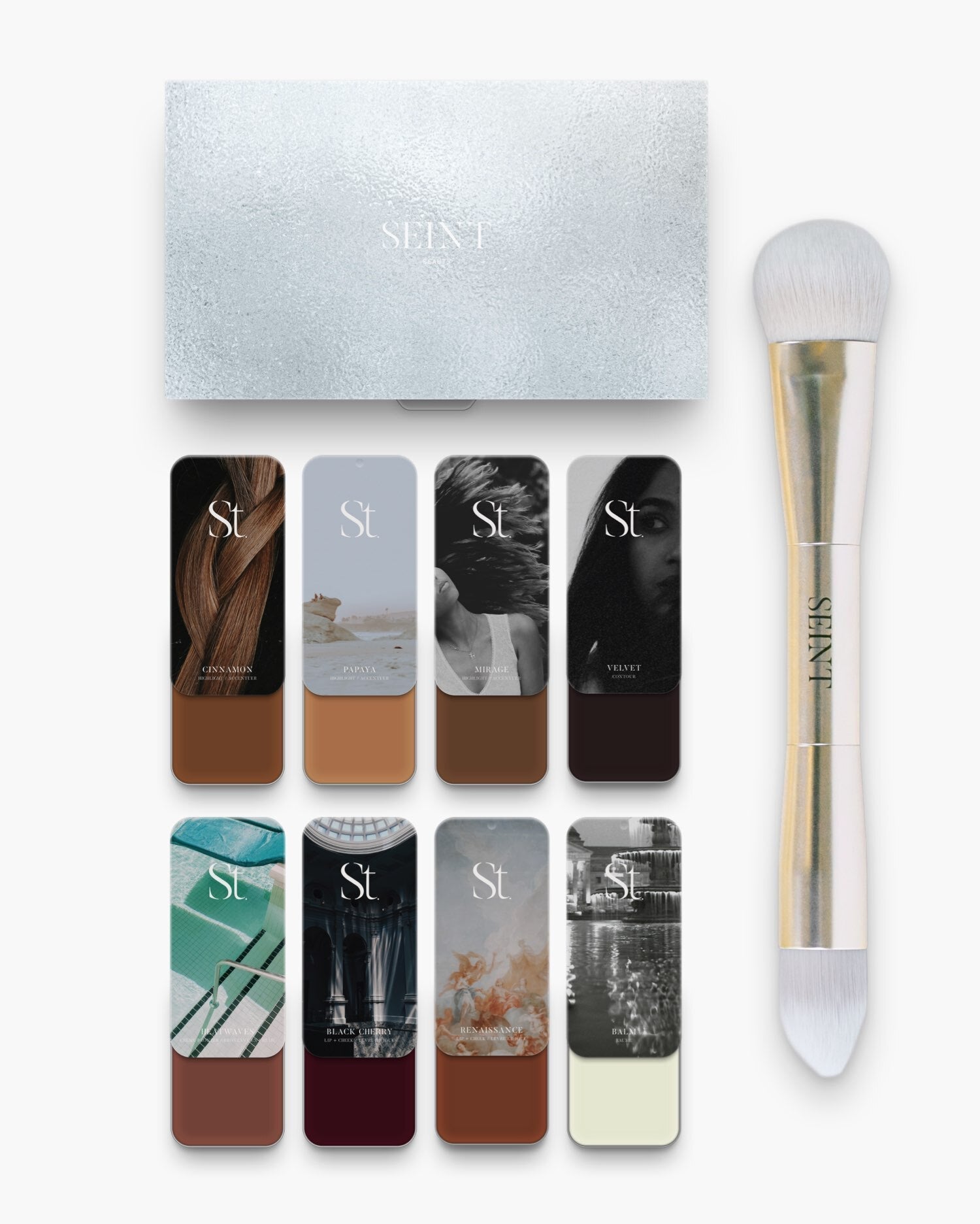 Seint No. 8 Collection Level XI tins from deep Cinnamon to near-black Velvet contour, with Black Cherry and pale Balm