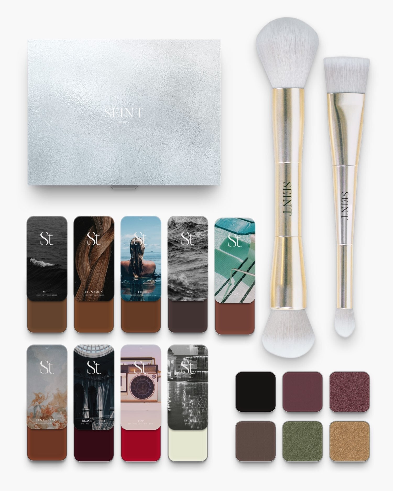 Seint No. 12 Collection Level XII — deepest espresso creams, berry and red blushes, olive and gold shimmer shadows, brushes