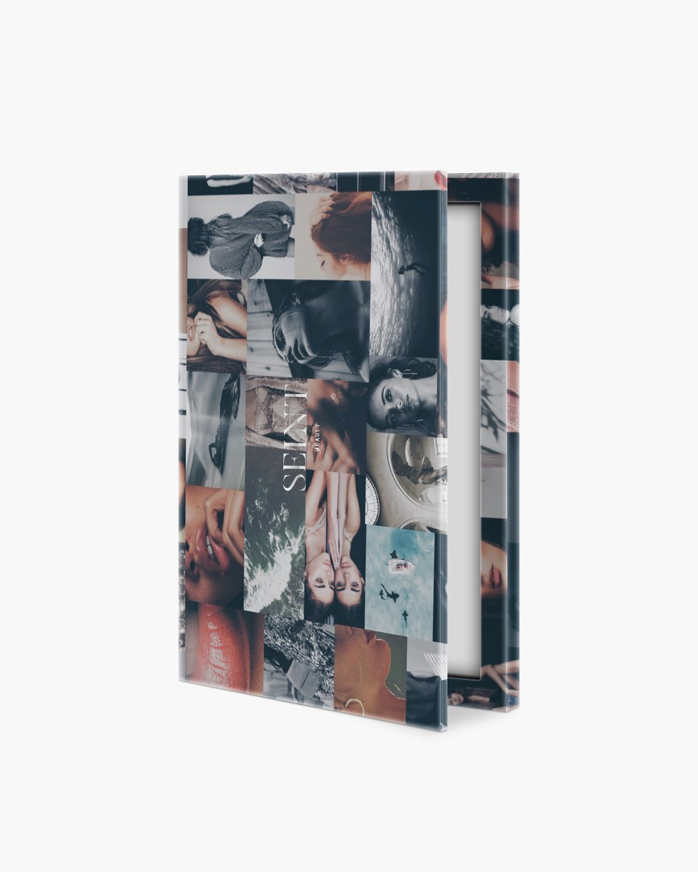 Seint Cream Corrector Palette 12 covered in a muted photo collage print, standing upright and cracked open at the edge