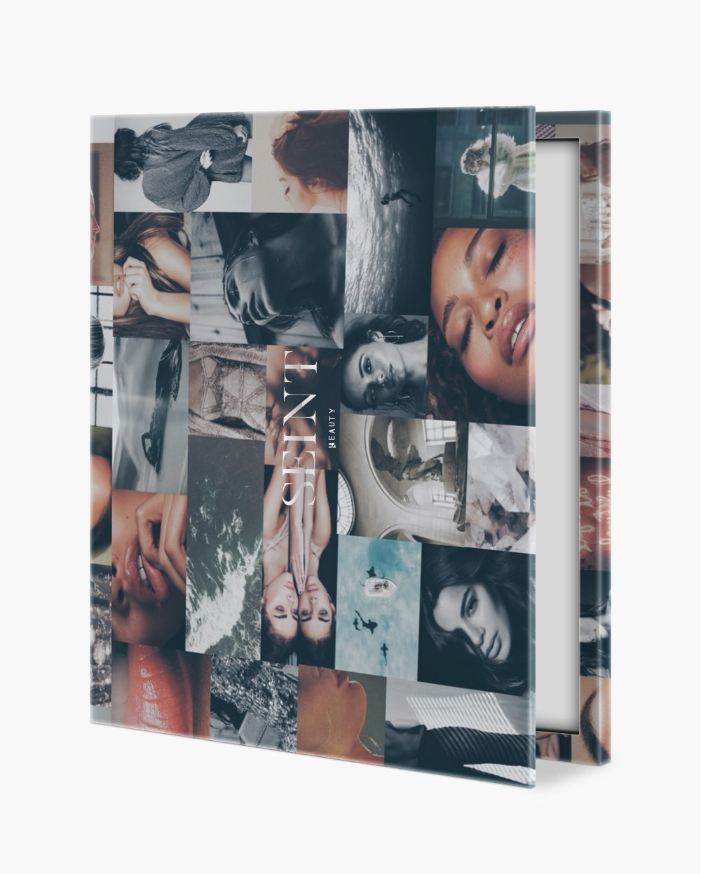 Seint Cream Corrector Palette 49 wrapped in a photo collage design, the large square case standing partly open