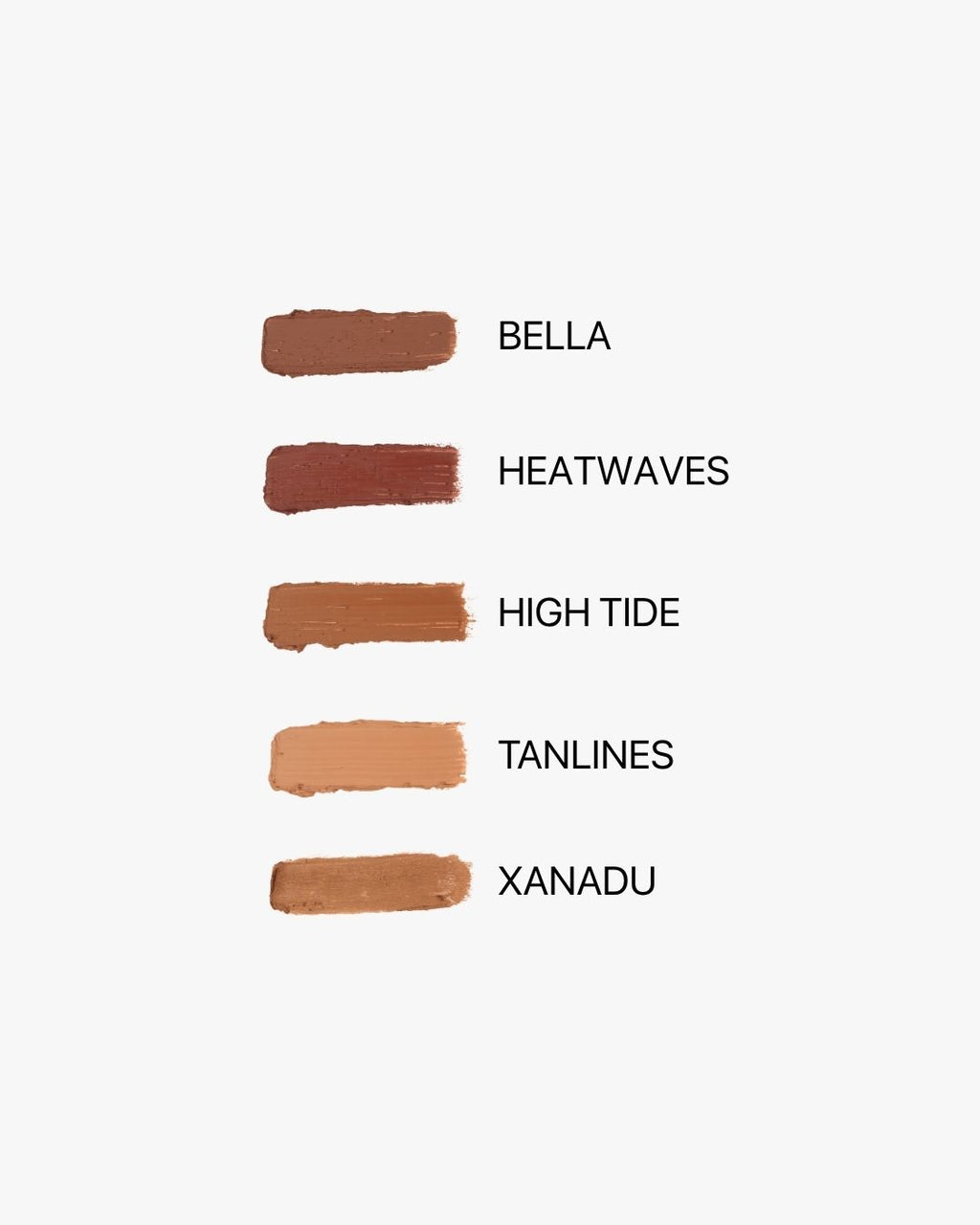 Seint Bronzer shade comparison, five cream swatches labeled Bella, Heatwaves, High Tide, Tanlines and Xanadu