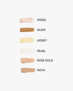 Seint Illuminator swatch chart of six shades: Angel, Glow, Honey, Pearl, Rose Gold, and Nova