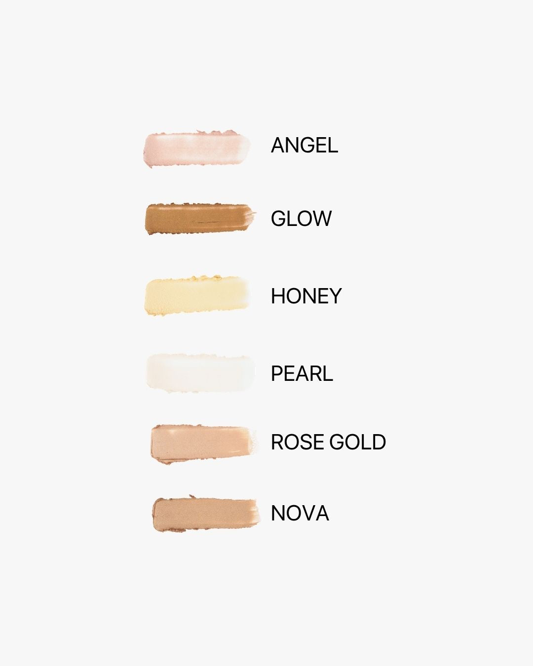 Seint Illuminator swatch chart of six shades: Angel, Glow, Honey, Pearl, Rose Gold, and Nova