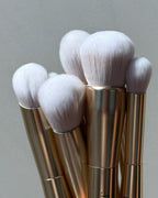 Seint brush collection — cluster of gold-handled makeup brushes with fluffy white bristles in assorted sizes
