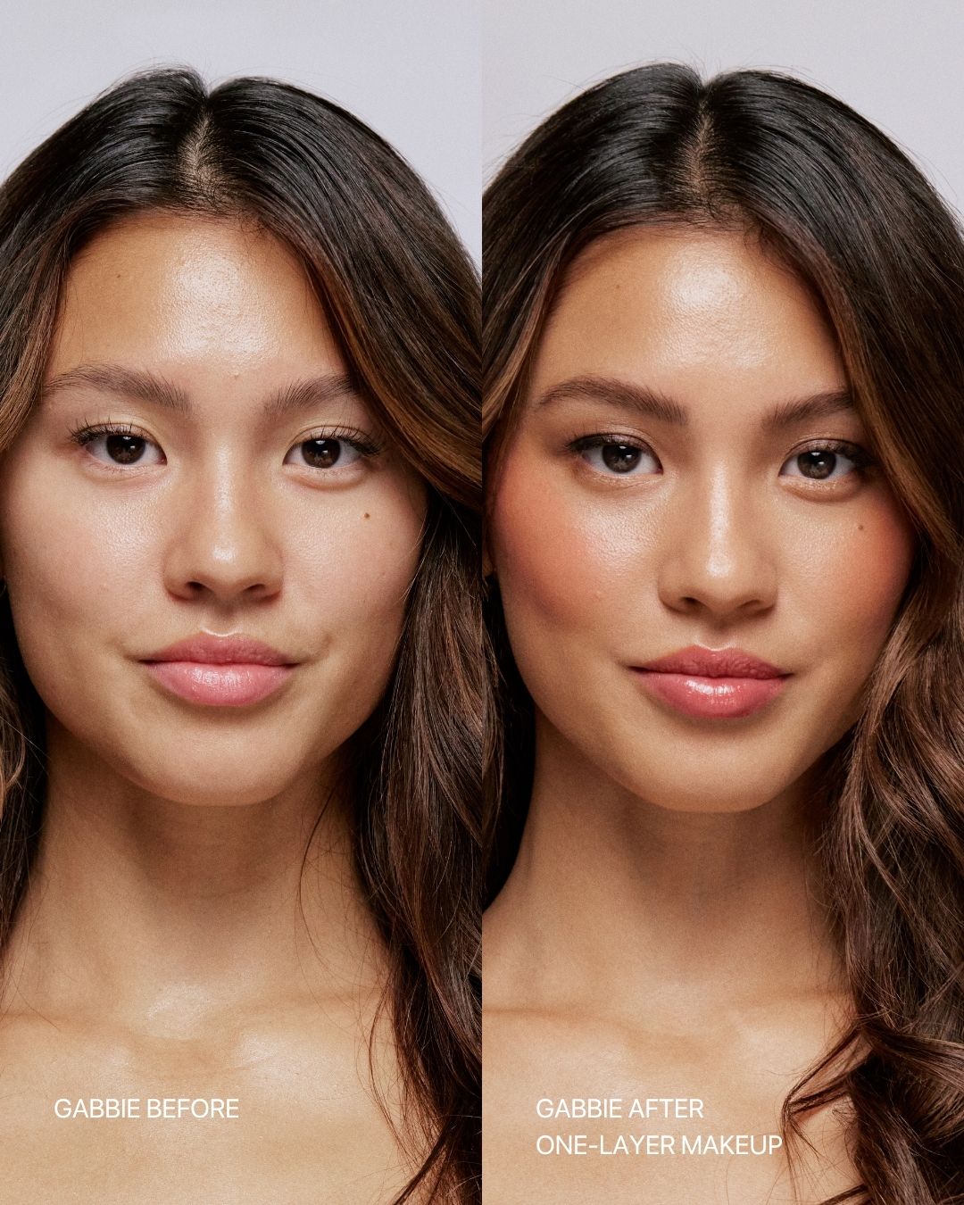 Seint Illuminator before and after: Gabbie bare-faced, then wearing radiant one-layer makeup