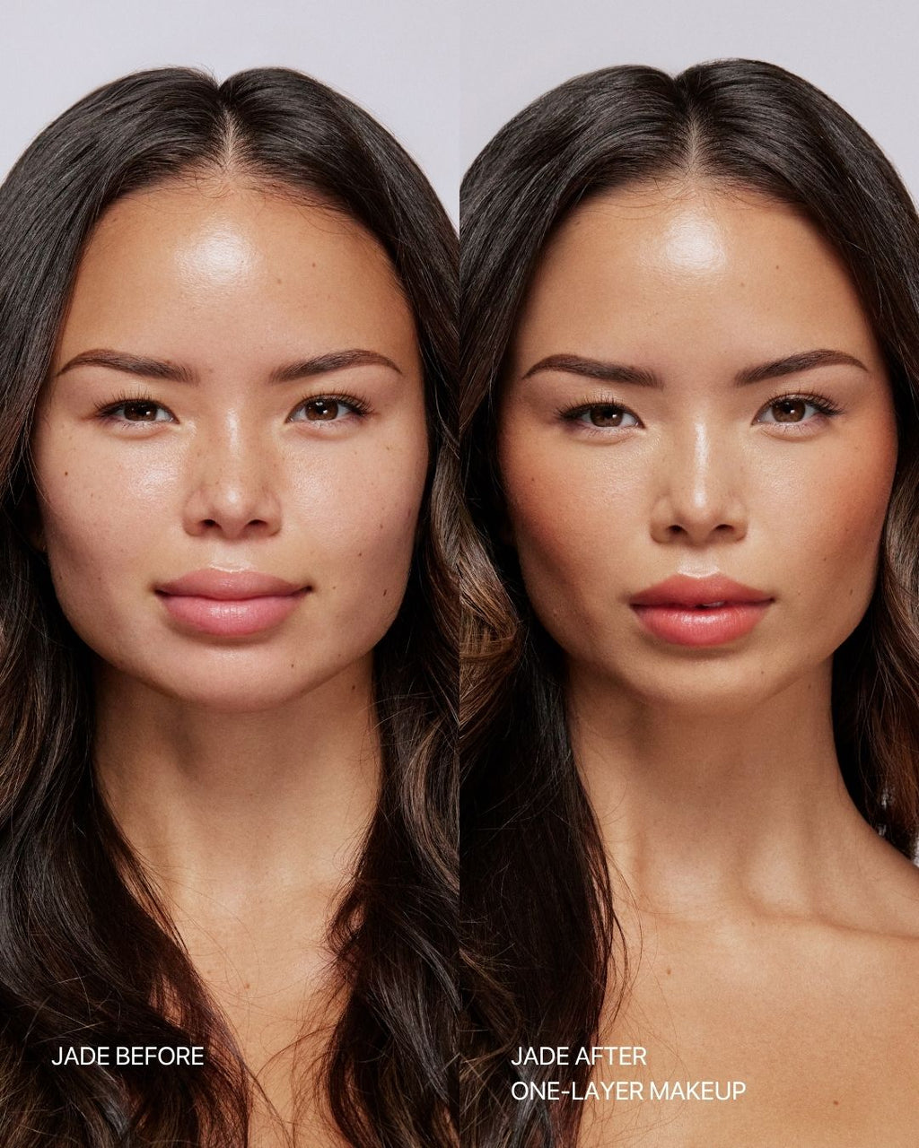 Seint Bronzer before and after on model Jade, bare skin beside a finished one-layer makeup look