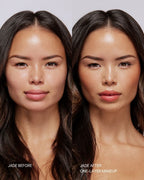 Seint Bronzer before and after on model Jade, bare skin beside a finished one-layer makeup look