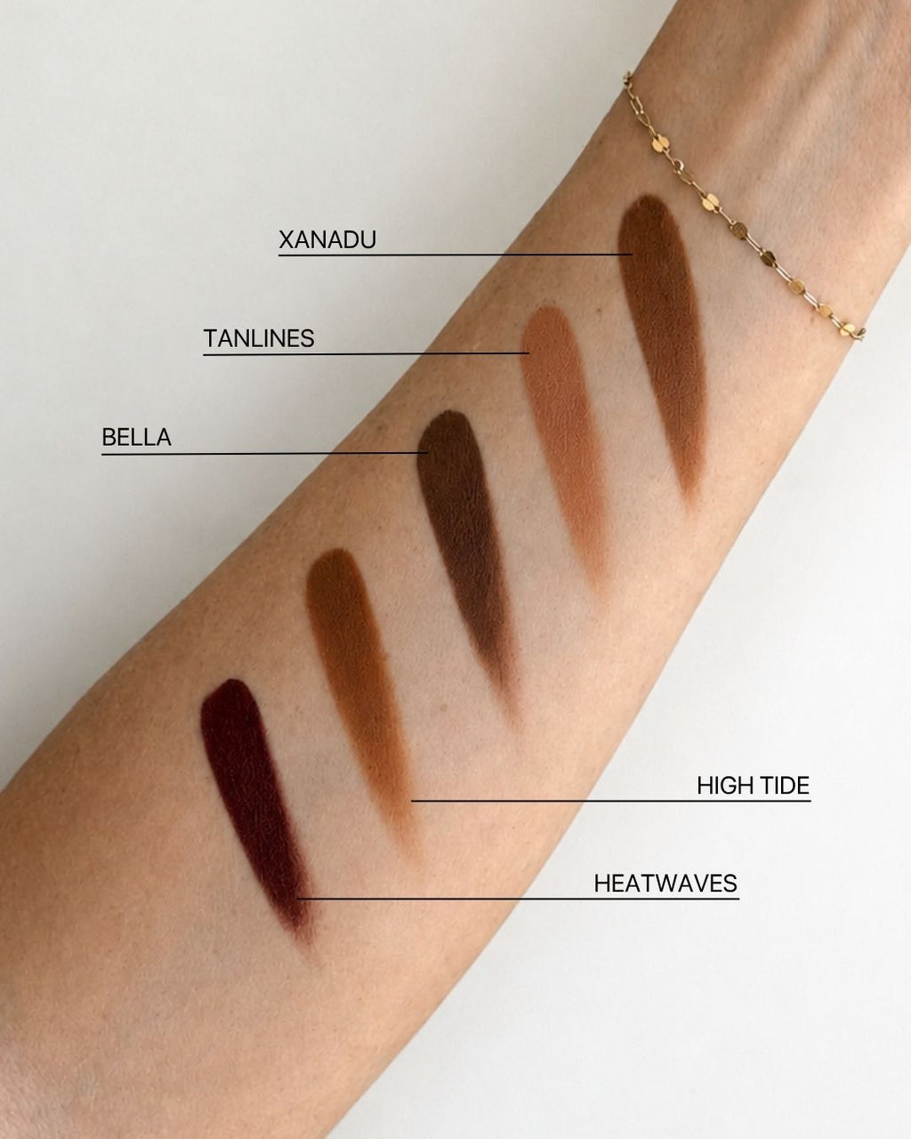 Seint Bronzer arm swatches of Xanadu, Tanlines, Bella, High Tide and Heatwaves on a forearm