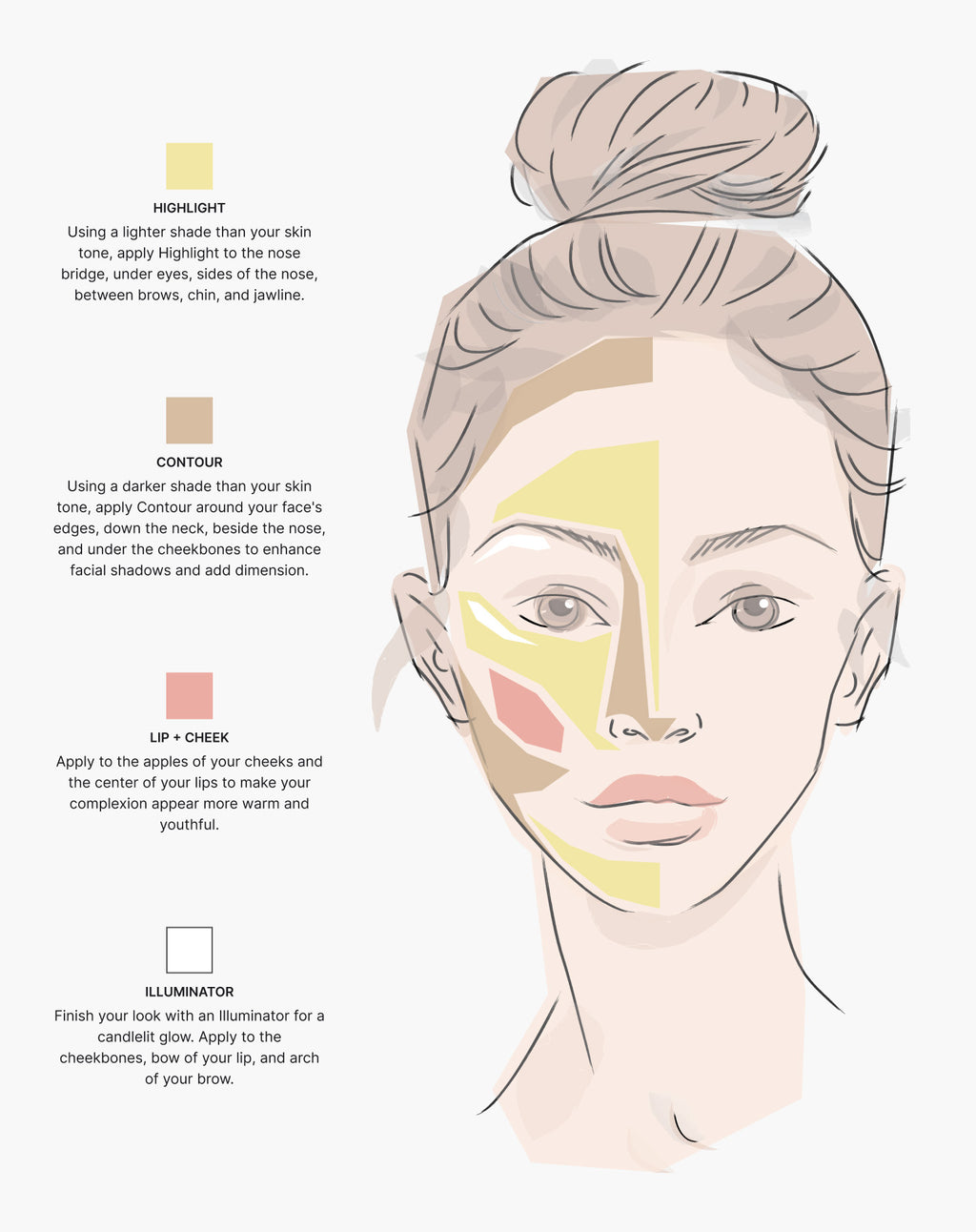Seint Highlight application chart: illustrated face showing where to apply Highlight, Contour, Lip + Cheek, and Illuminator