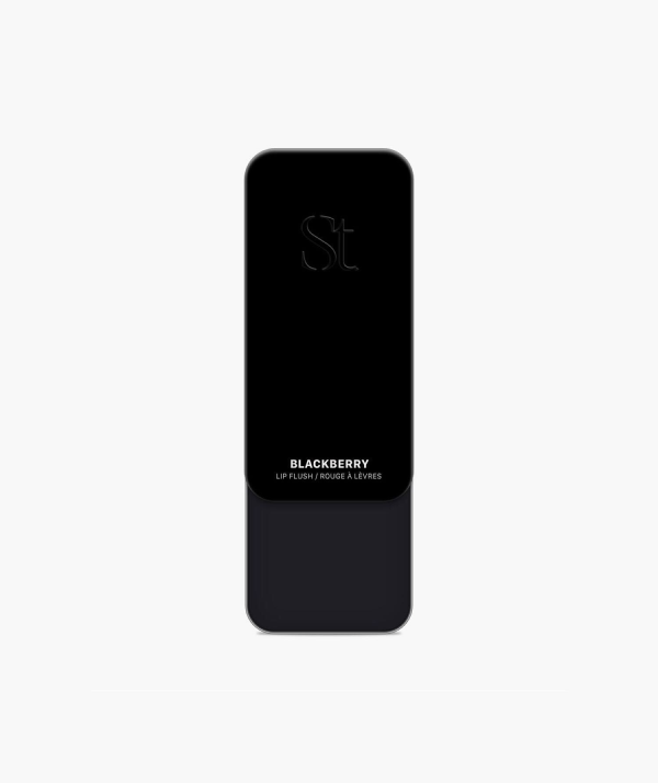 Seint Blackberry Lip Flush closed black slide-top tin with SEINT wordmark and Blackberry shade label