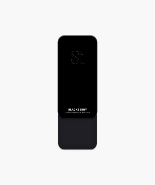 Seint Blackberry Lip Flush closed black slide-top tin with SEINT wordmark and Blackberry shade label