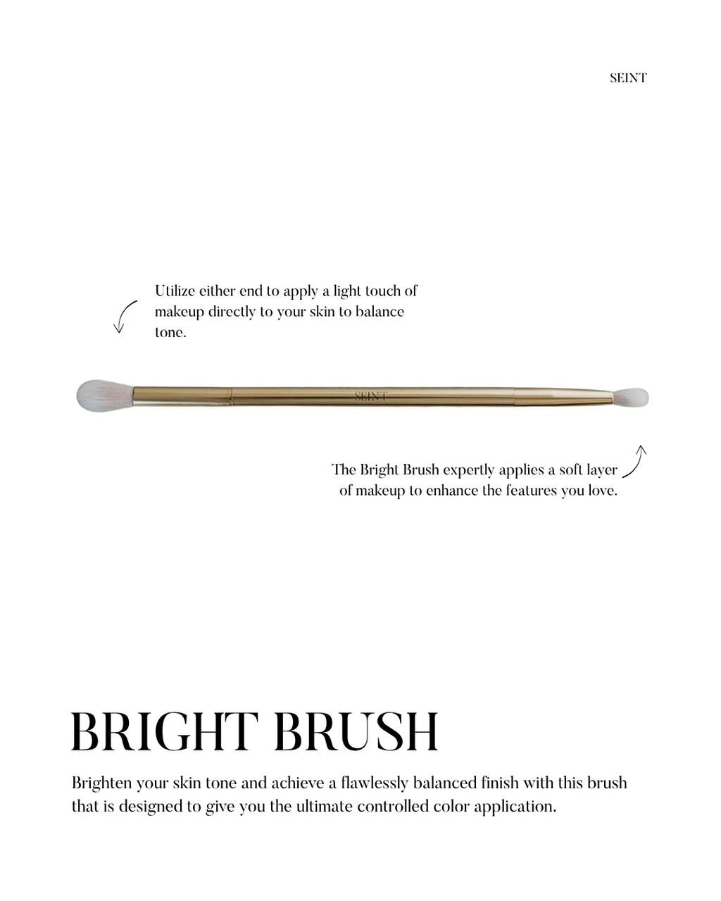 Seint Bright Brush infographic — double-ended gold brush with usage tips for controlled color application