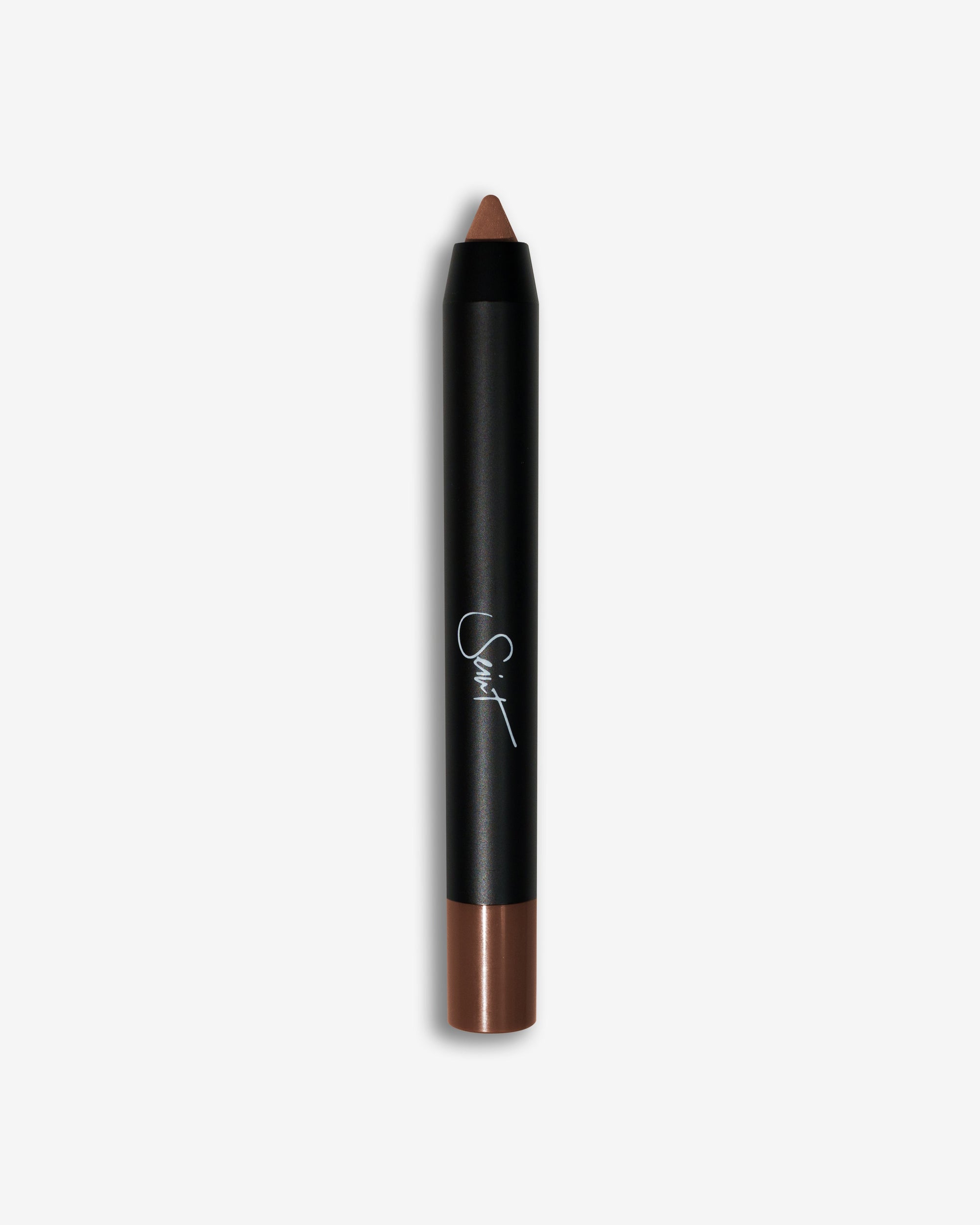 Seint Pencil in Brownie, its sharpened tip and end cap a medium chocolate brown against the matte black barrel