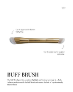 Seint Buff Brush diagram noting the larger end for flawless highlighting and the smaller end for sculpted contouring