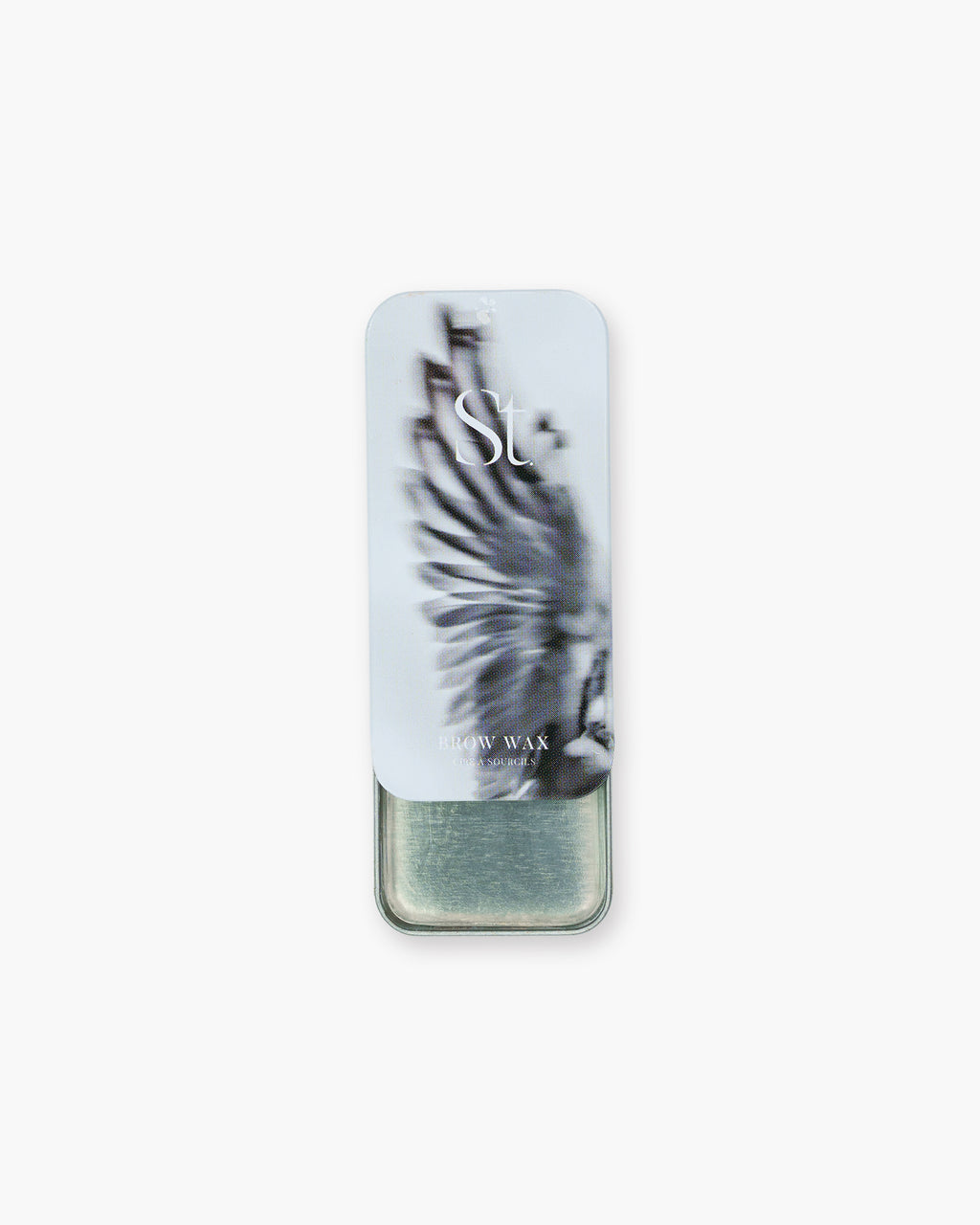 Seint Brow Wax slide-top tin partly open, its lid printed with a blurred wing photo above the clear wax pan