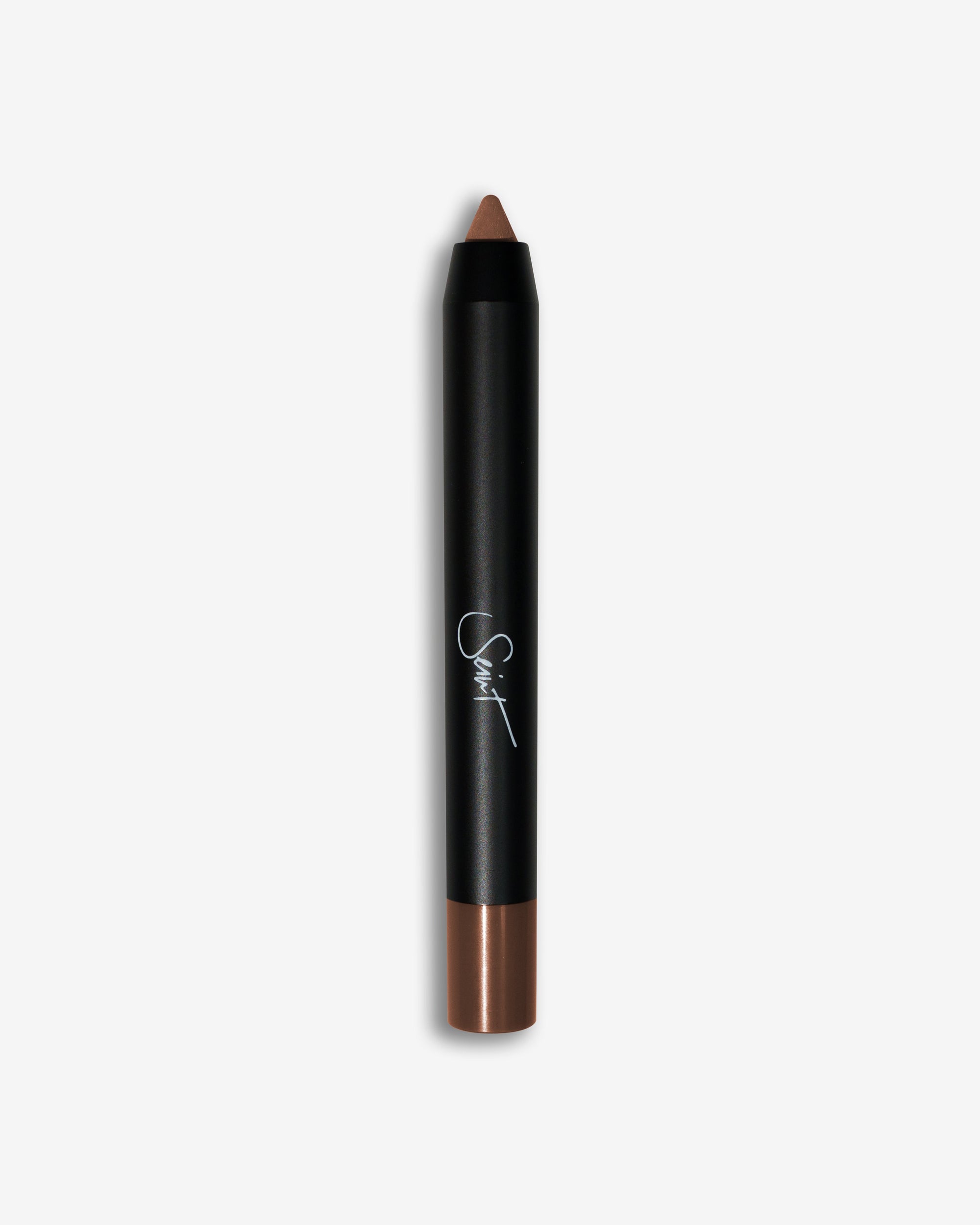 Seint Pencil in Espresso with a rich dark chestnut-brown tip and cap on the chunky black crayon