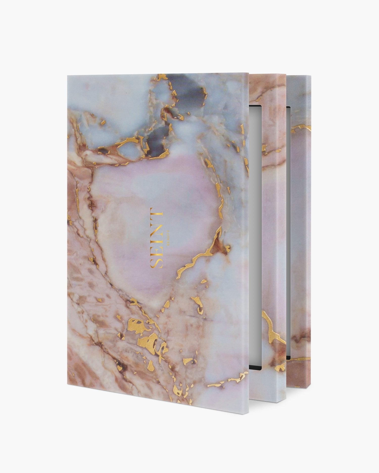Seint IIID Palette 12 in Marble, rosy pink and blue marble cover with gold foil veining, fanned slightly open