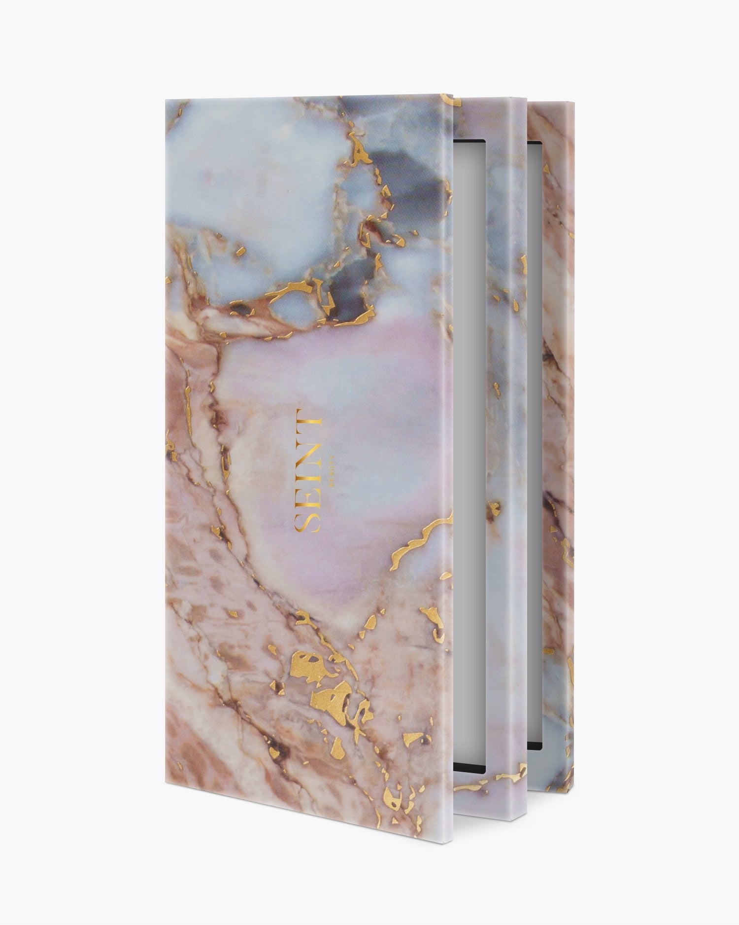 Seint IIID Palette 18 in Marble, pastel pink and blue marble cover veined with gold foil, standing slightly open