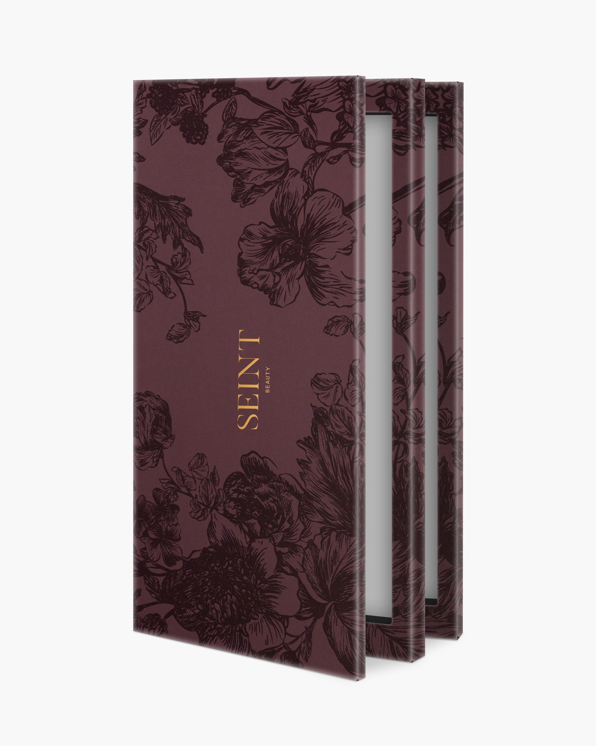 Seint IIID Palette 18 in Plum Floral, burgundy cover with dark etched flowers and gold Seint wordmark, partly open