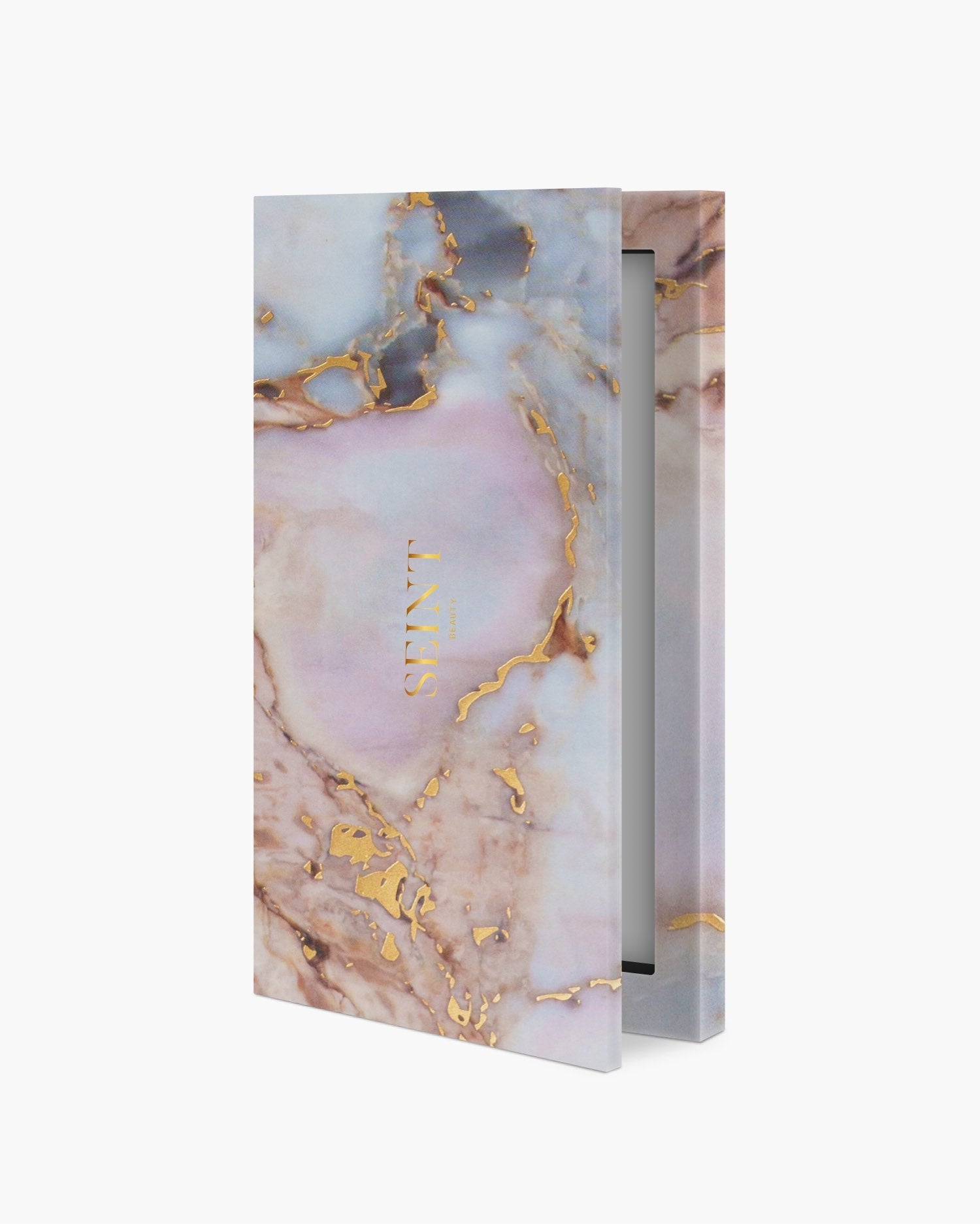 Seint IIID Palette 4 in Marble, blush and blue marble print compact with gold foil accents, shown partly open