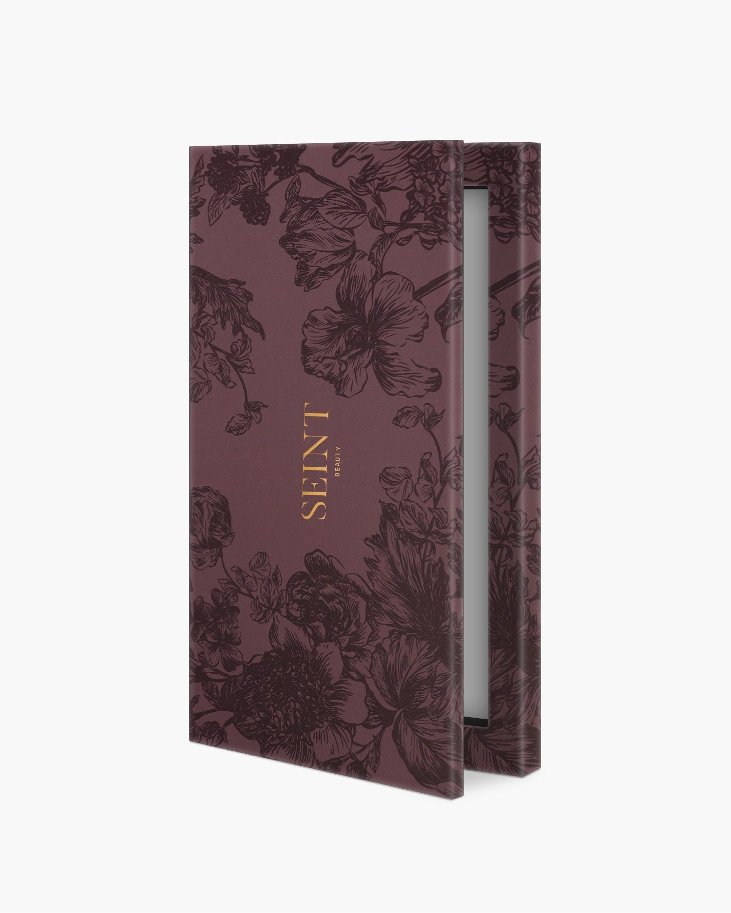 Seint IIID Palette 4 in Plum Floral, plum compact with dark tonal floral etching and gold Seint wordmark
