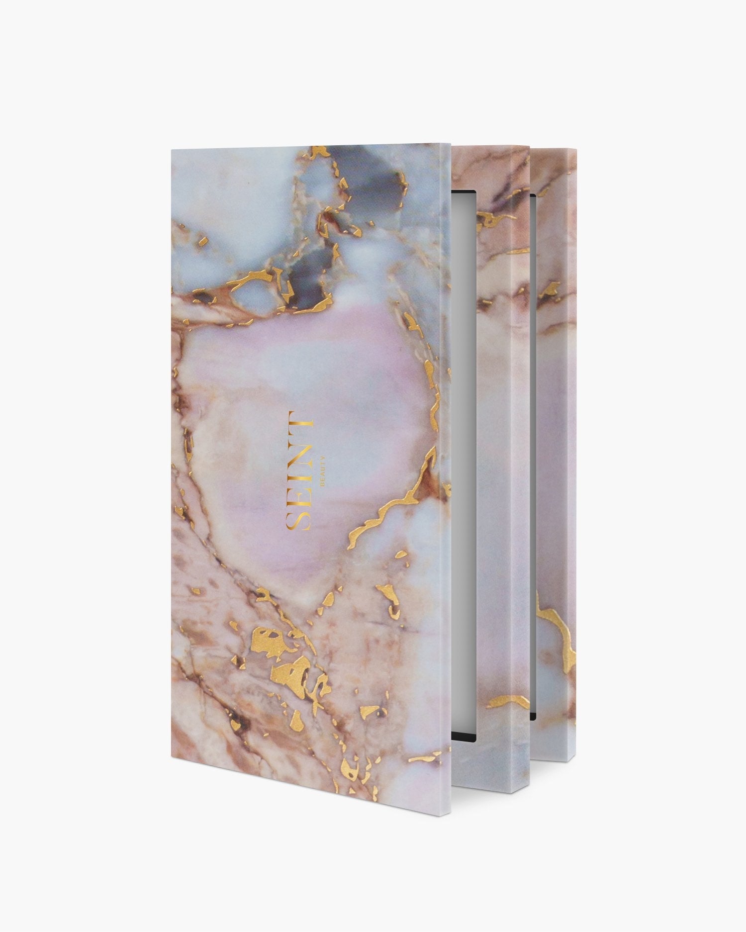 Seint IIID Palette 8 in Marble — pastel pink and blue stone print with gold foil veining, shown standing slightly open