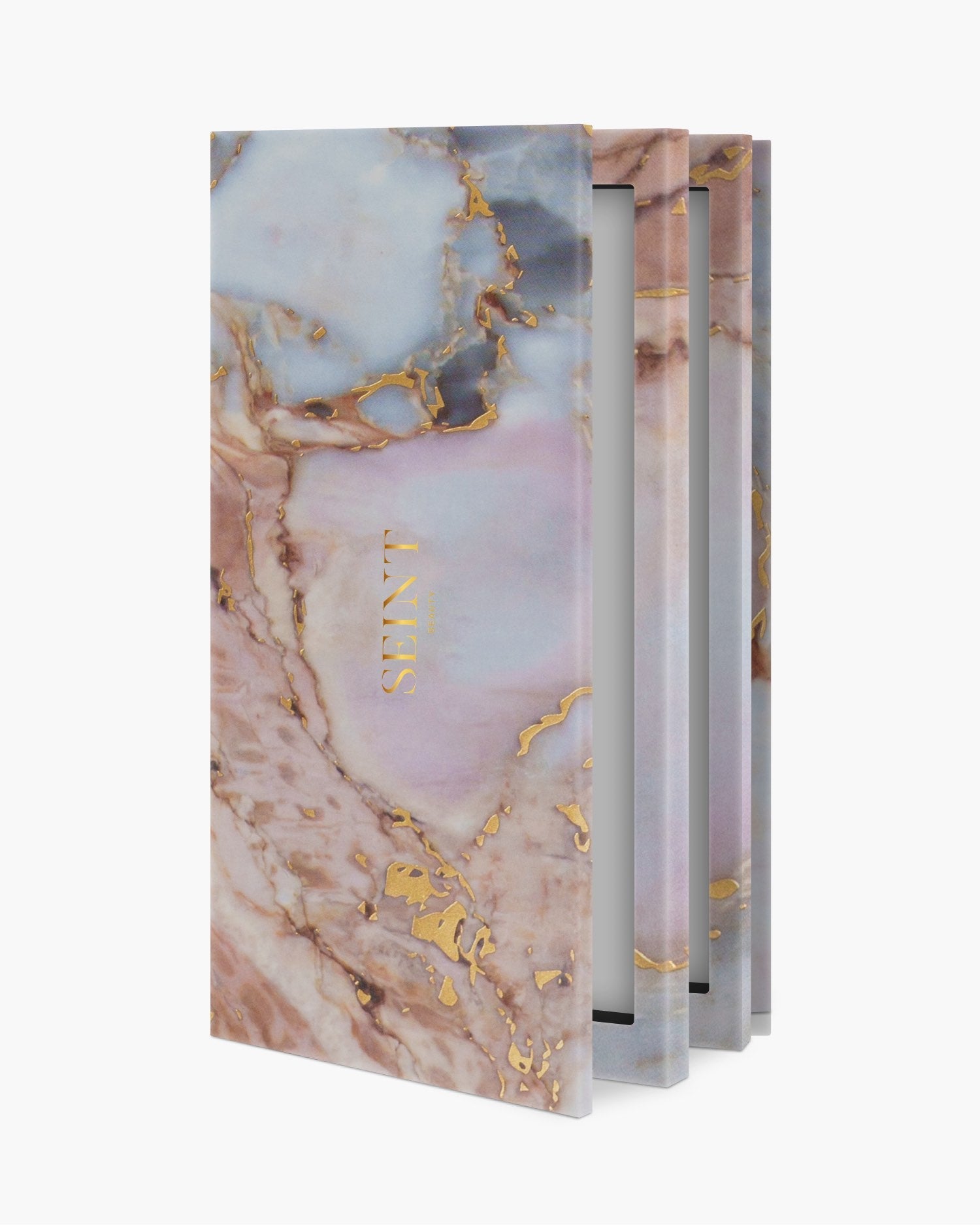 Seint IIID Palette 27 in Marble, blush, blue and tan marble print with gold foil veining, shown upright and slightly open