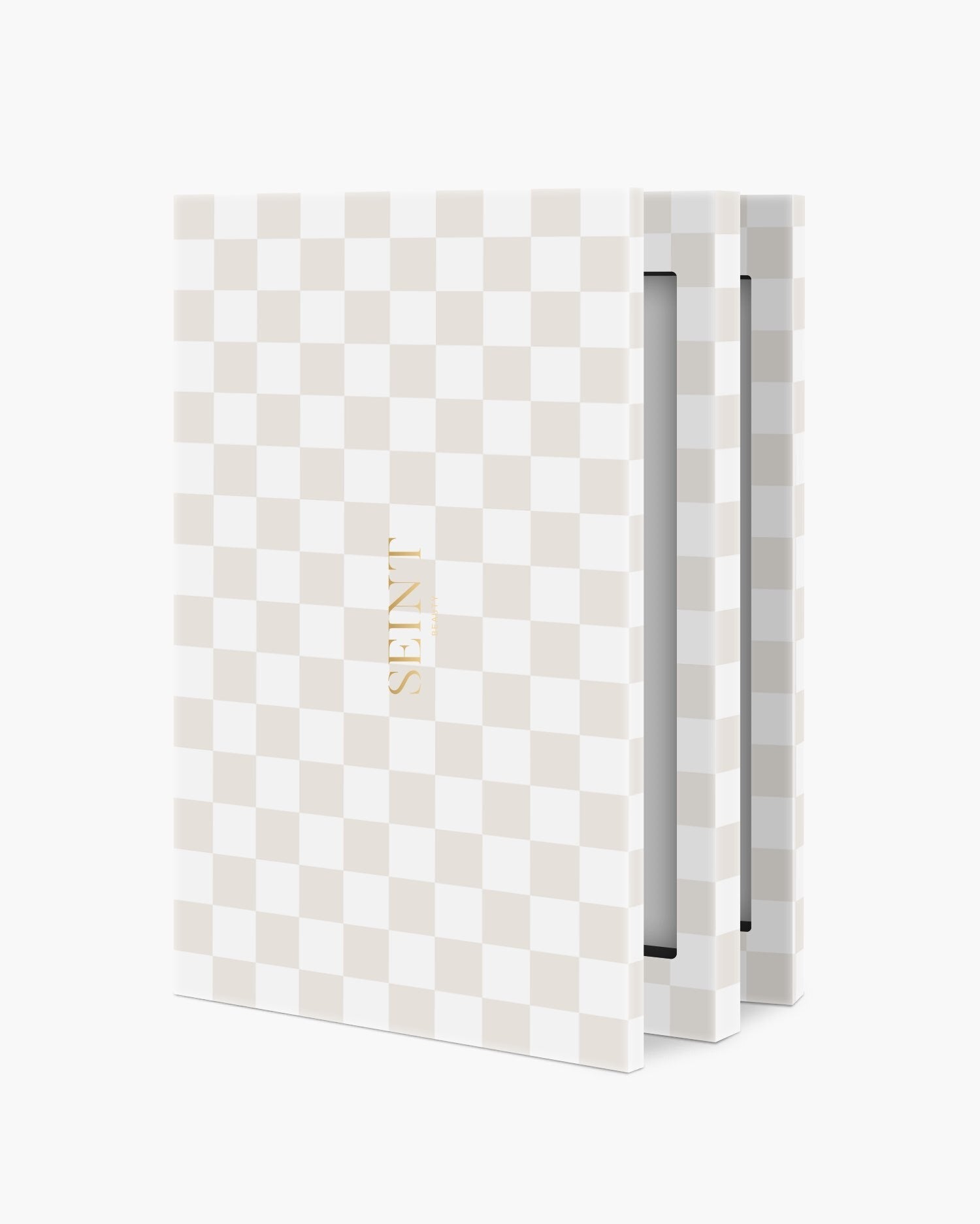 Seint IIID Palette 12 in Blanc Damier, beige and white checkerboard cover opened to show inner trays