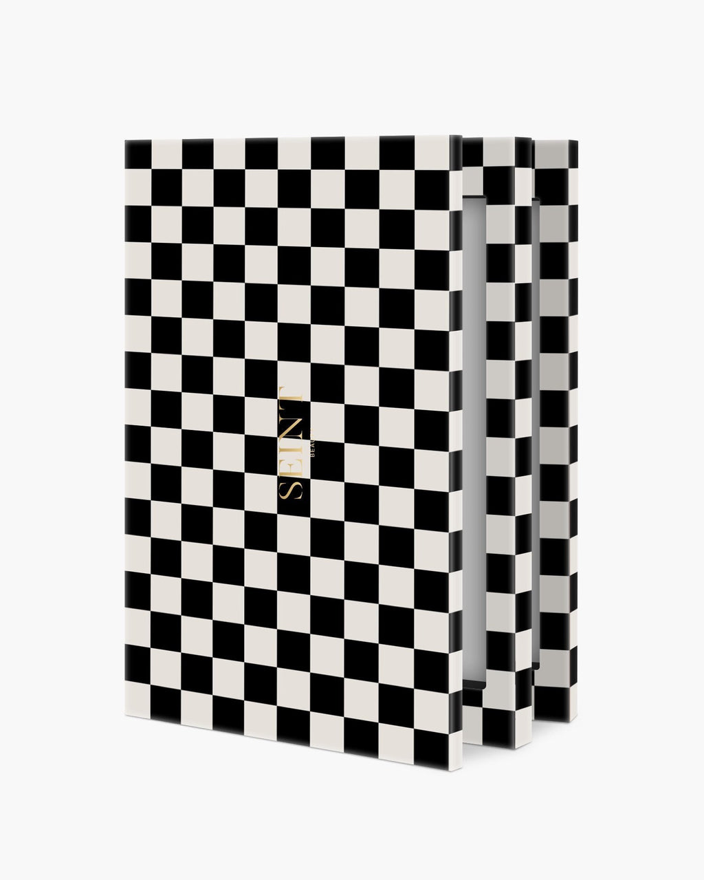 Seint IIID Palette 12 in Noir Damier, graphic black and cream checkerboard case standing partly open