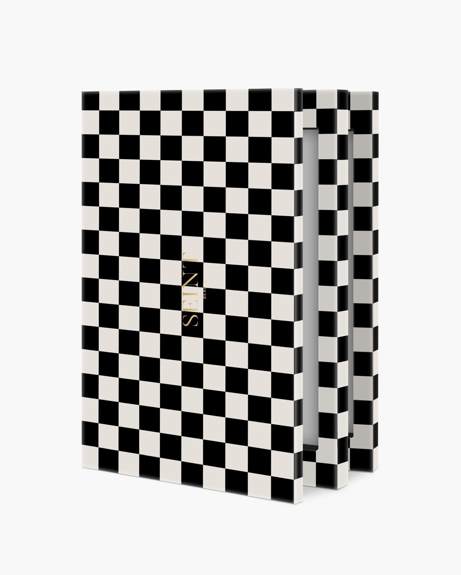 Seint IIID Palette 12 in Noir Damier, graphic black and cream checkerboard case standing partly open