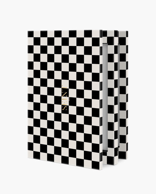 Seint IIID Palette 12 in Noir Damier, graphic black and cream checkerboard case standing partly open