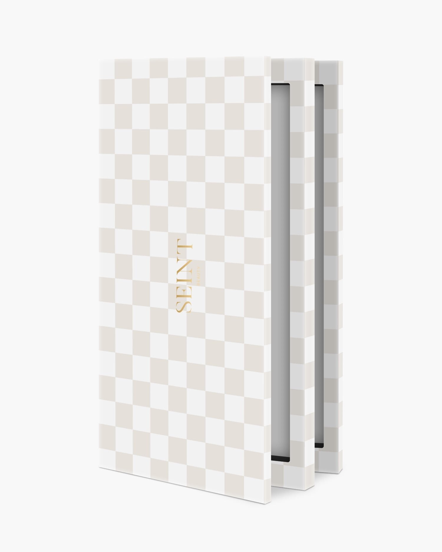 Seint IIID Palette 18 in Blanc Damier, beige and white checkerboard cover with gold Seint wordmark, fanned open