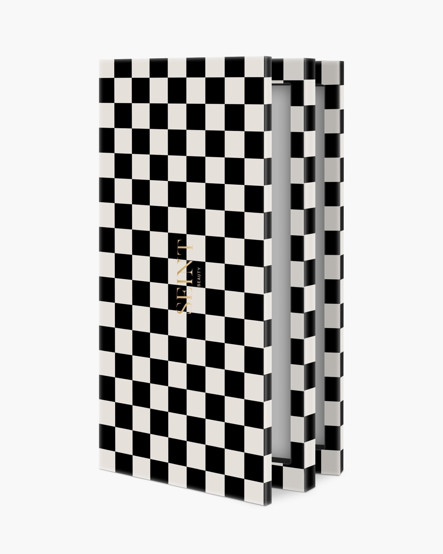 Seint IIID Palette 18 in Noir Damier, bold black and cream checkerboard case shown upright and partly open