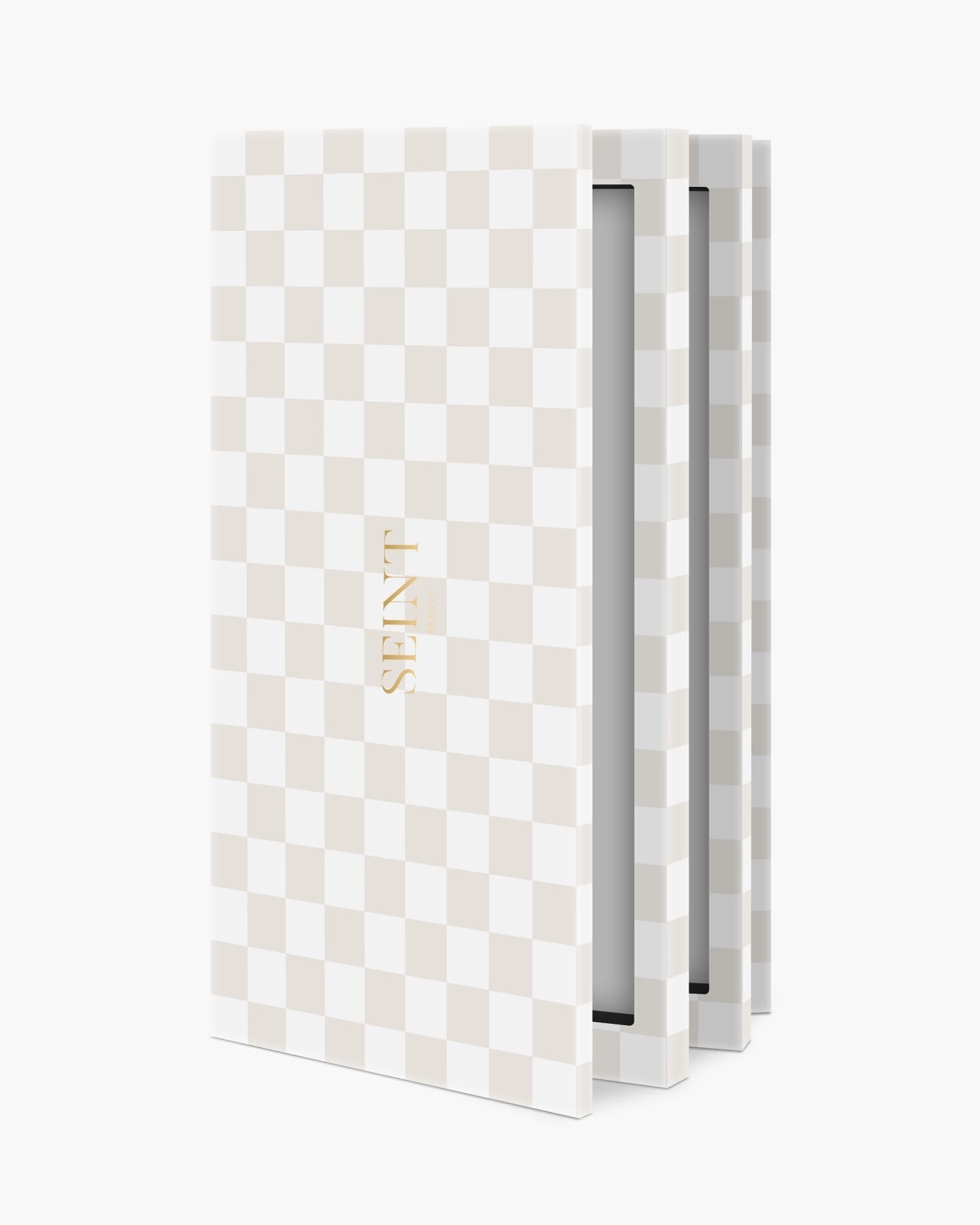 Seint IIID Palette 27 in Blanc Damier, soft beige and white checkerboard case fanned open to show inner panels