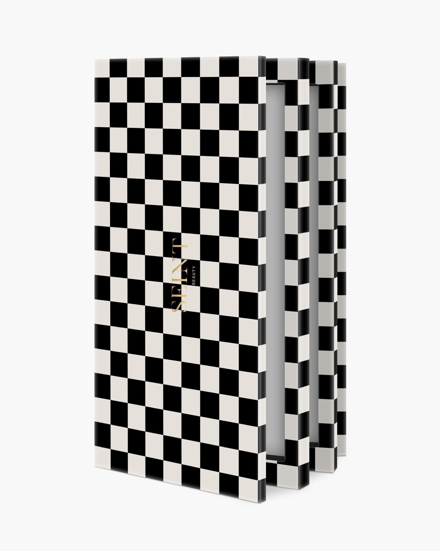 Seint IIID Palette 27 in Noir Damier, black and cream checkerboard cover with gold Seint wordmark, standing partly open