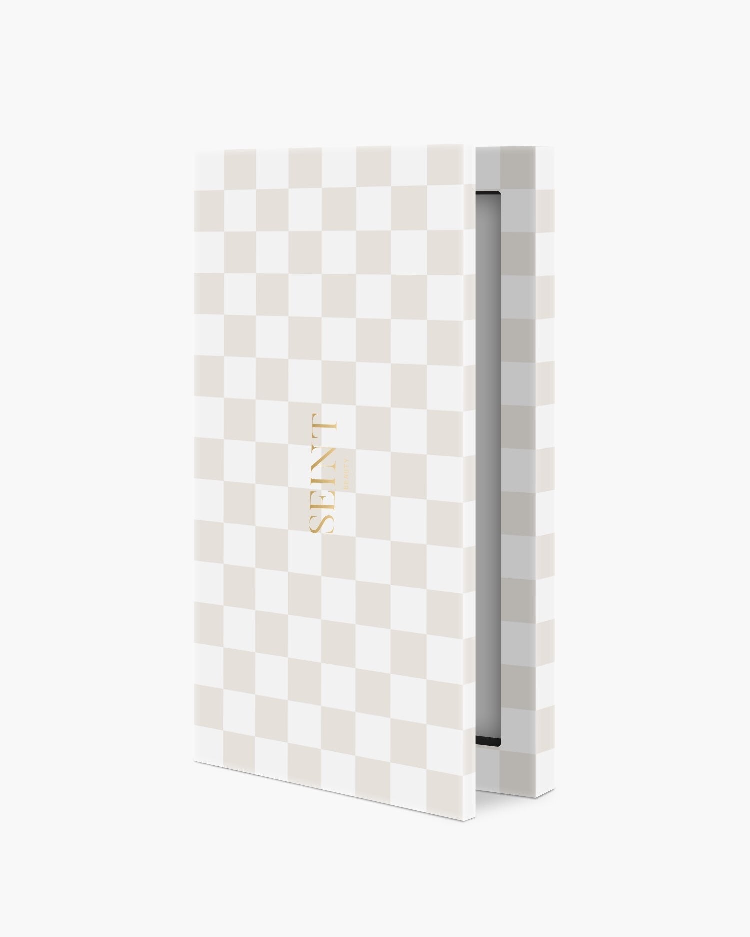 Seint IIID Palette 4 in Blanc Damier, slim beige and white checkerboard compact with gold Seint wordmark