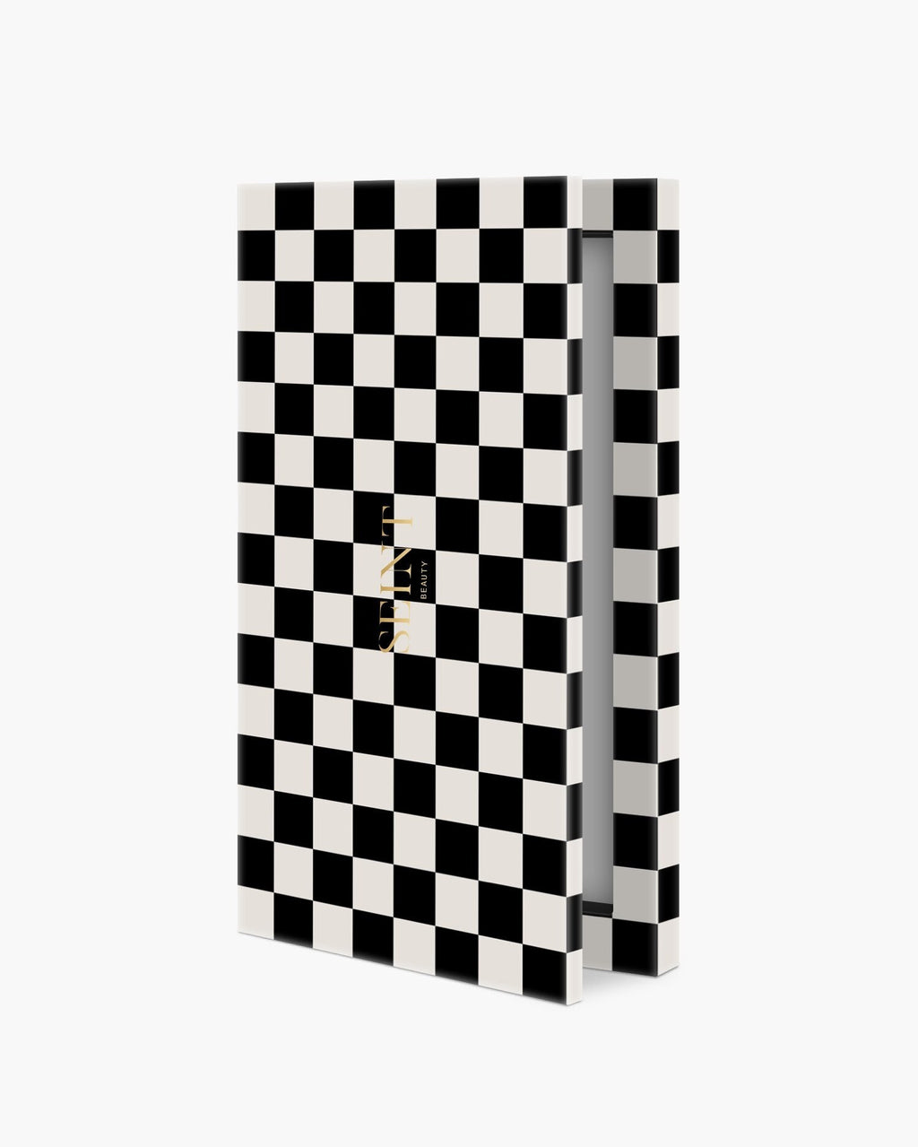 Seint IIID Palette 4 in Noir Damier, black and cream checkerboard compact standing slightly open
