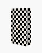 Seint IIID Palette 4 in Noir Damier, black and cream checkerboard compact standing slightly open