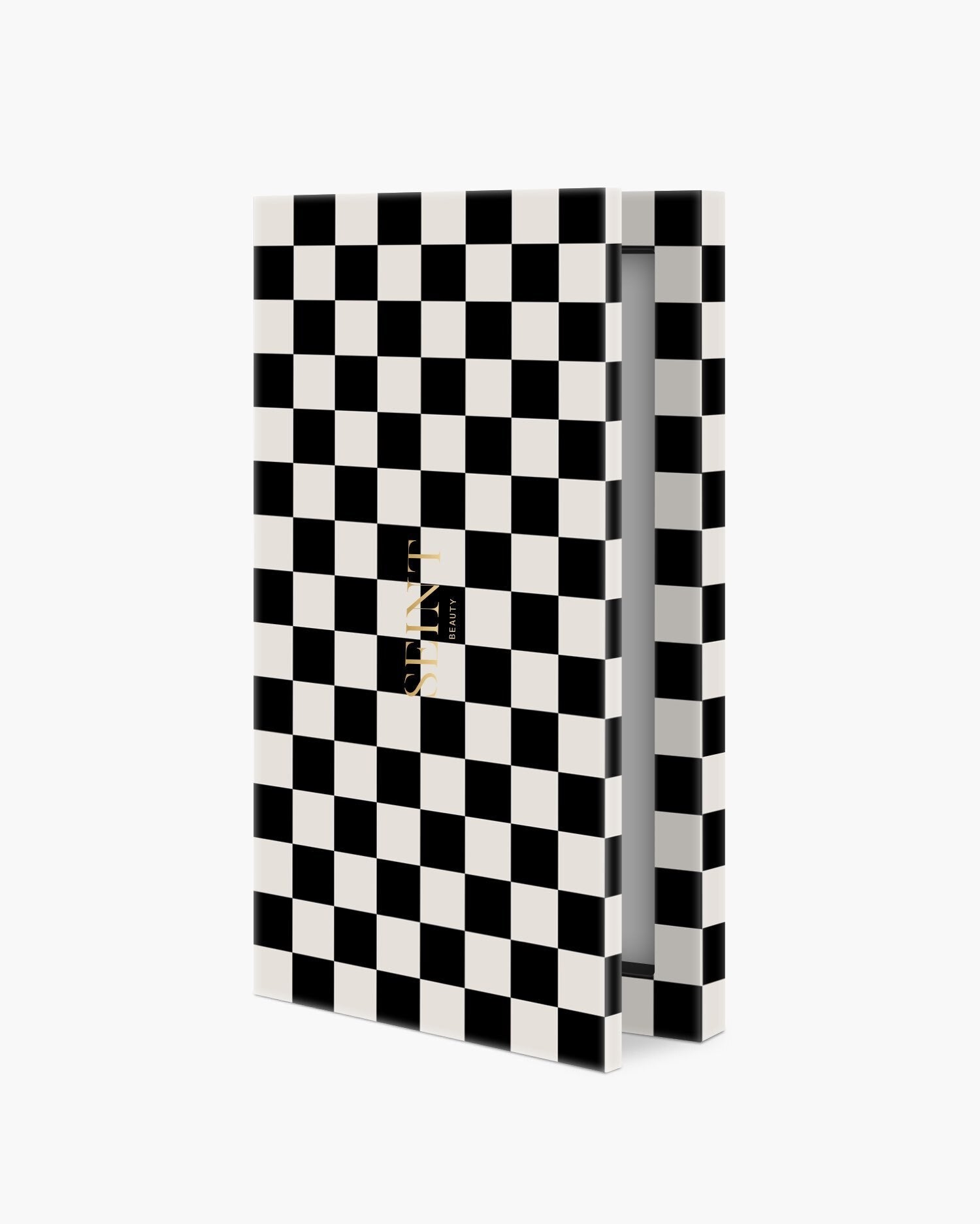 Seint IIID Palette 4 in Noir Damier, black and cream checkerboard compact standing slightly open