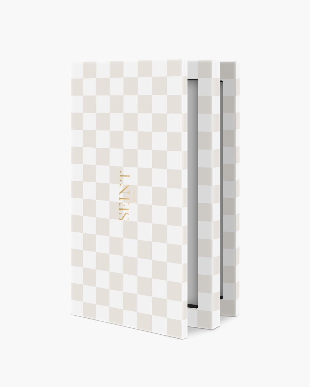 Seint IIID Palette 8 in Blanc Damier, a soft cream-and-white checkerboard case with gold SEINT wordmark